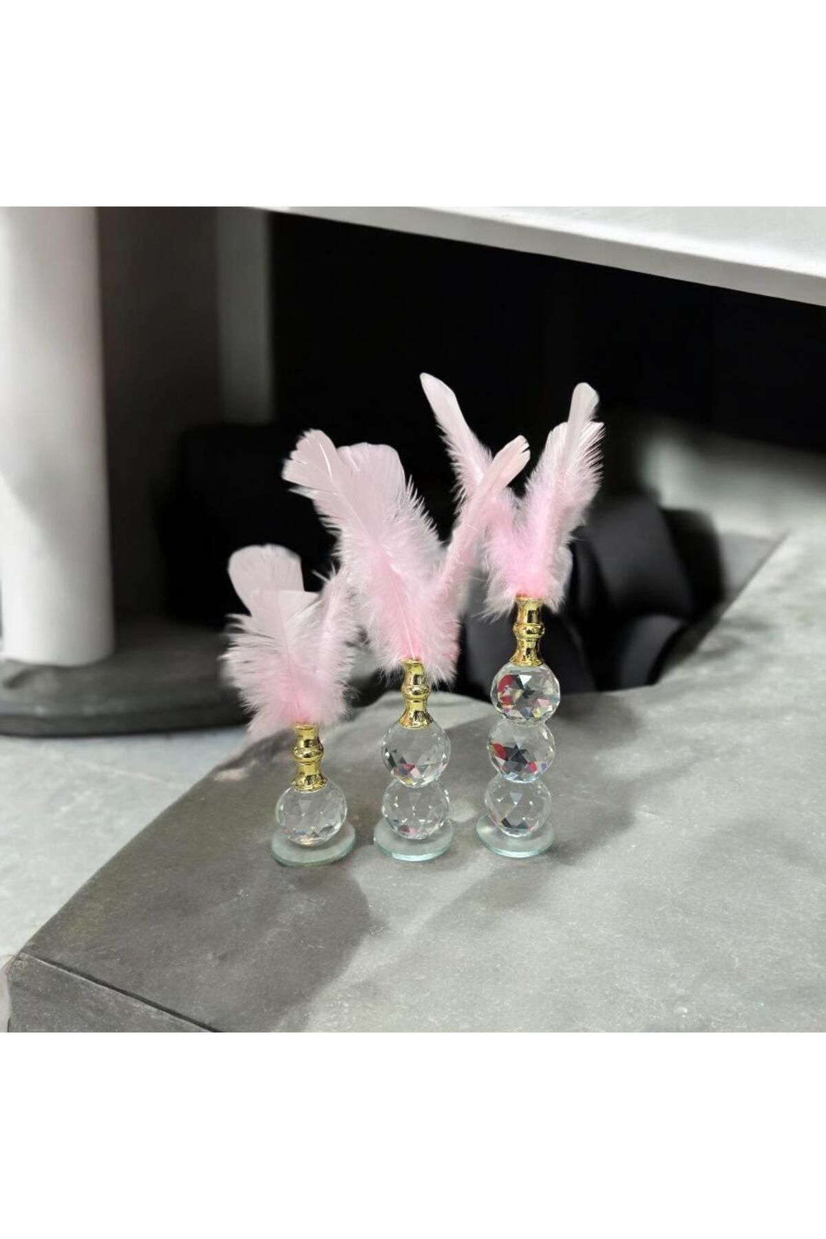DEKORANLA 3'lü Pembe Tüylü Gold Kristal Top Dekor Biblo Süs, Şık ve Parlak Görünüm