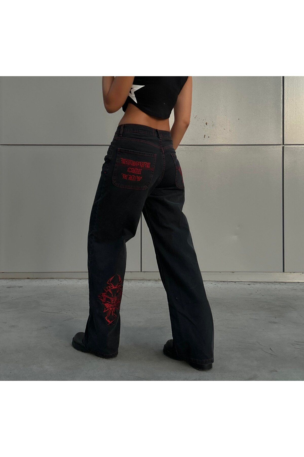 Pop Giyim Nakışlı Skeleton Heaven Can Wait Streetwear Jean Kot Pantolon