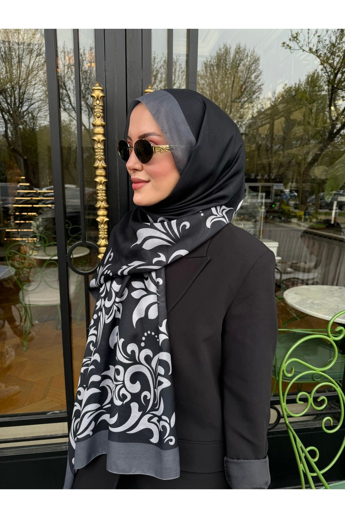 medascarfs Gri-Siyah Noir Coral Osmanlı Desen Şal