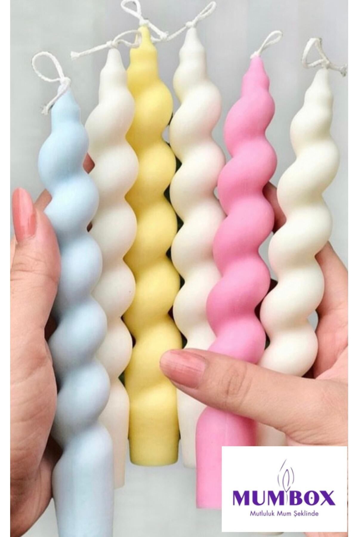 DEKORANLA Altı Adet Renkli Spiral Şamdan ve Mum Seti, Beyaz, Sarı, Pembe, Mavi renkler