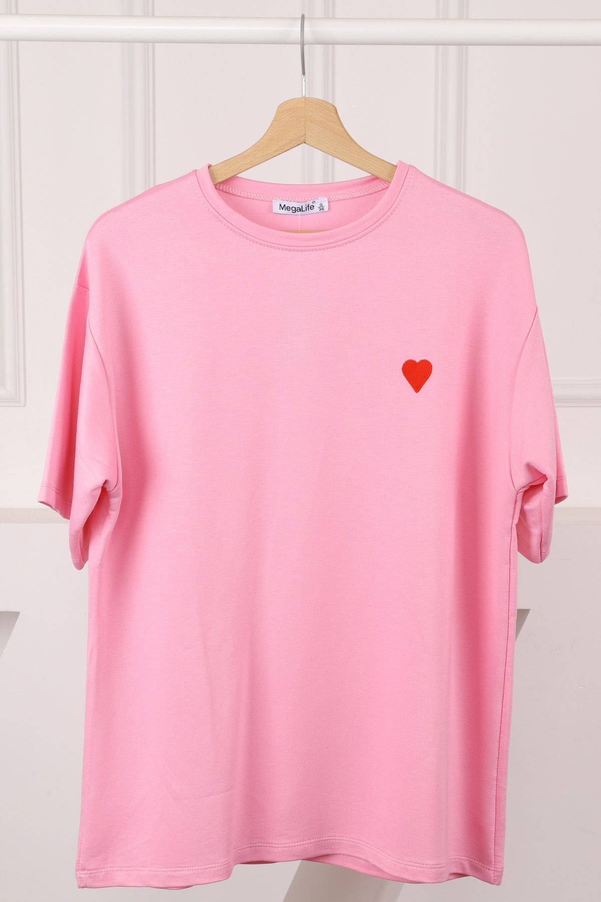 İmajButik Pembe Nakışlı Kısa Kol Modal T-Shirt