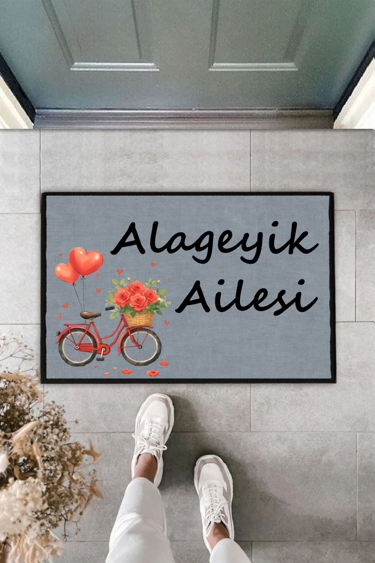 Hediyefoni Soyisim Ve Çiçekli Bisiklet Kişiye Özel Tasarım Kapi Paspas 60x40cm Kapi Onu Paspasi