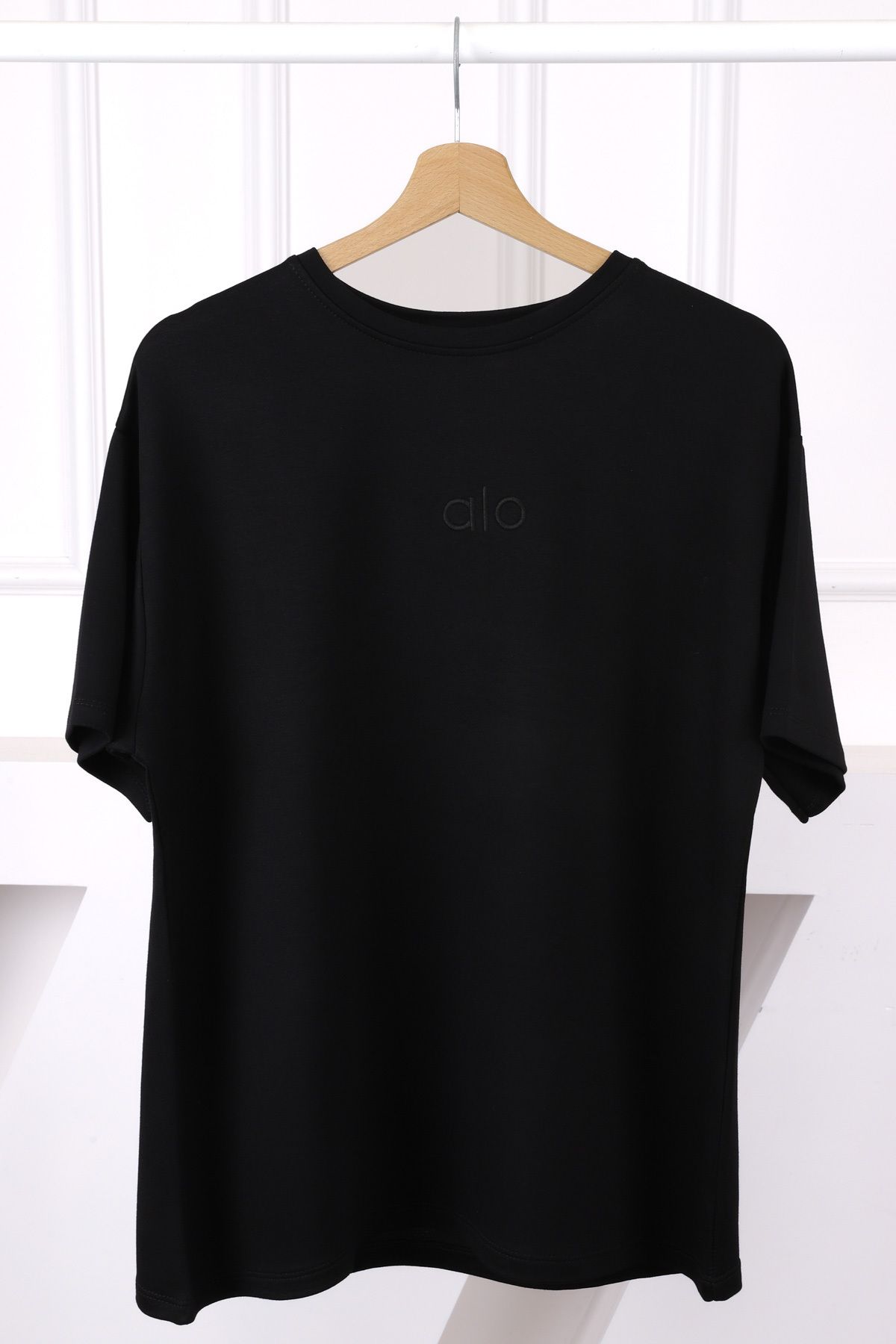 İmajButik Siyah Nakışlı Kısa Kol Modal T-Shirt
