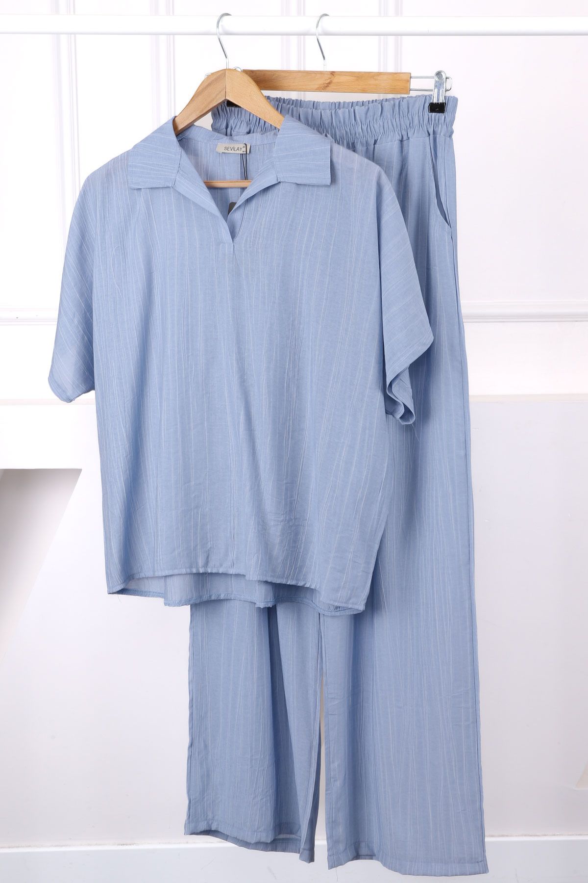 İmajButik Mavi Düşük Omuz Gömlek Pantolonlu Keten Takım