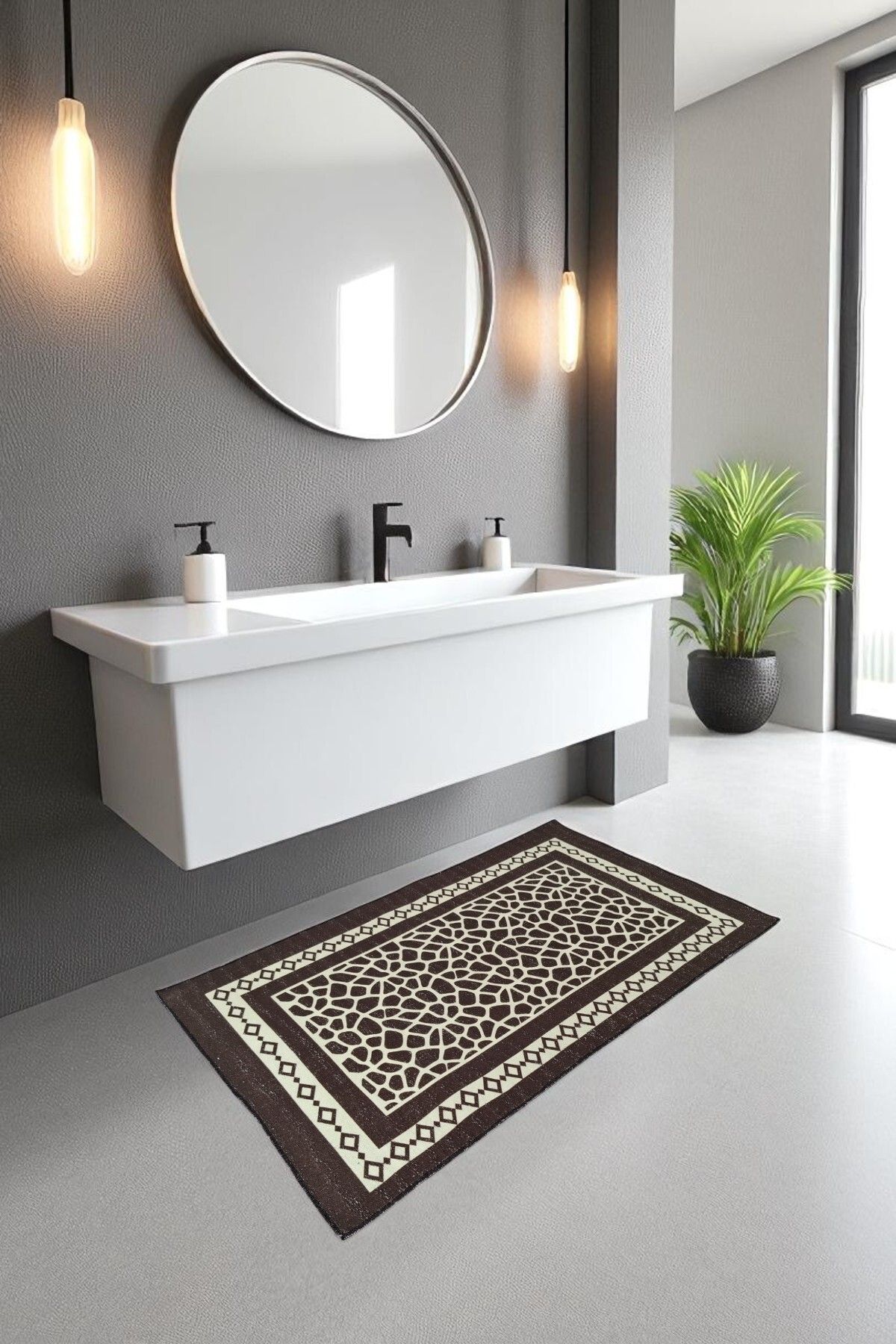 Arte Cotone Kaymaz Tabanlı Geometrik Desenli Eskitme Banyo Paspası – Kahverengi 50x80