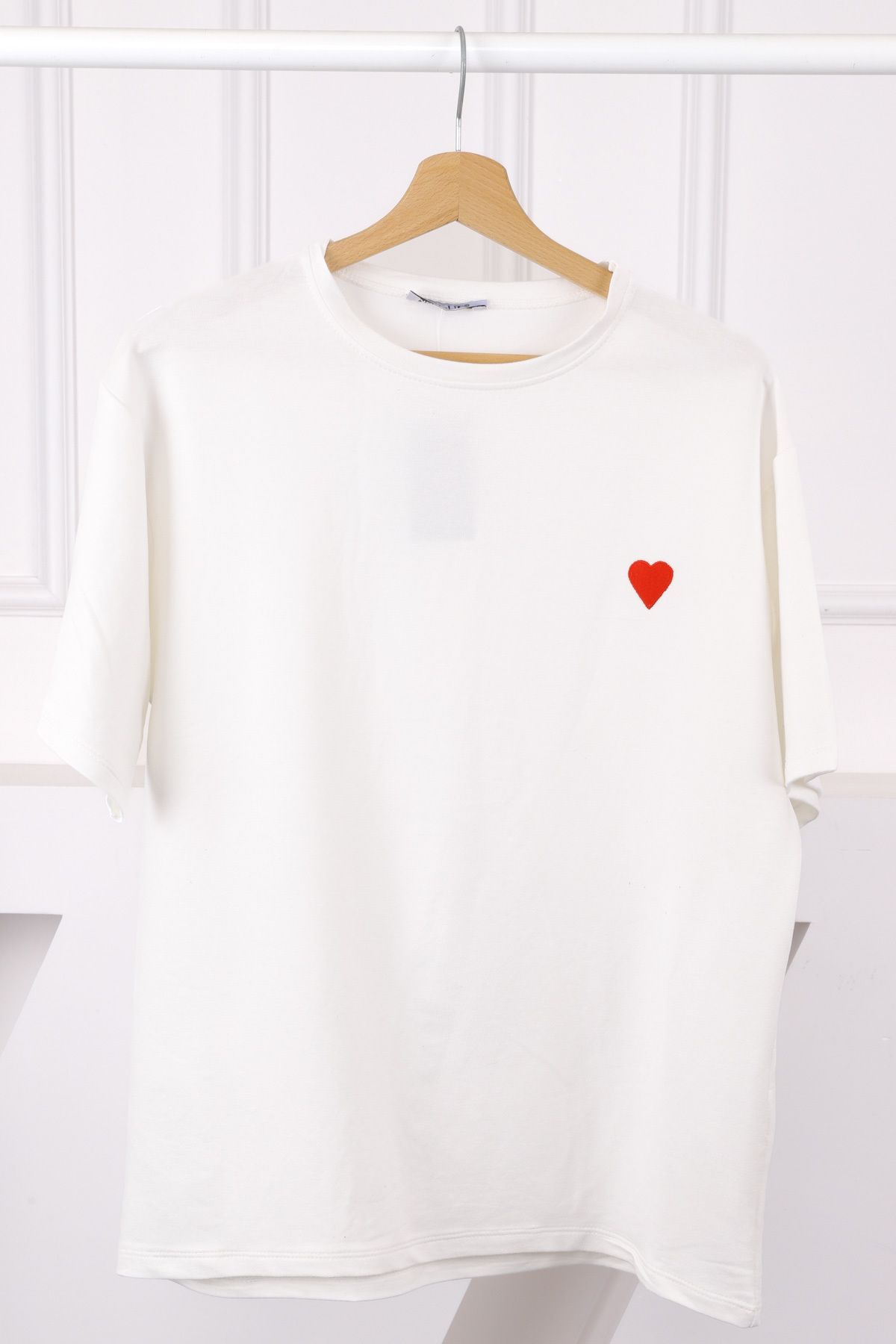 İmajButik Ekru Nakışlı Kısa Kol Modal T-Shirt