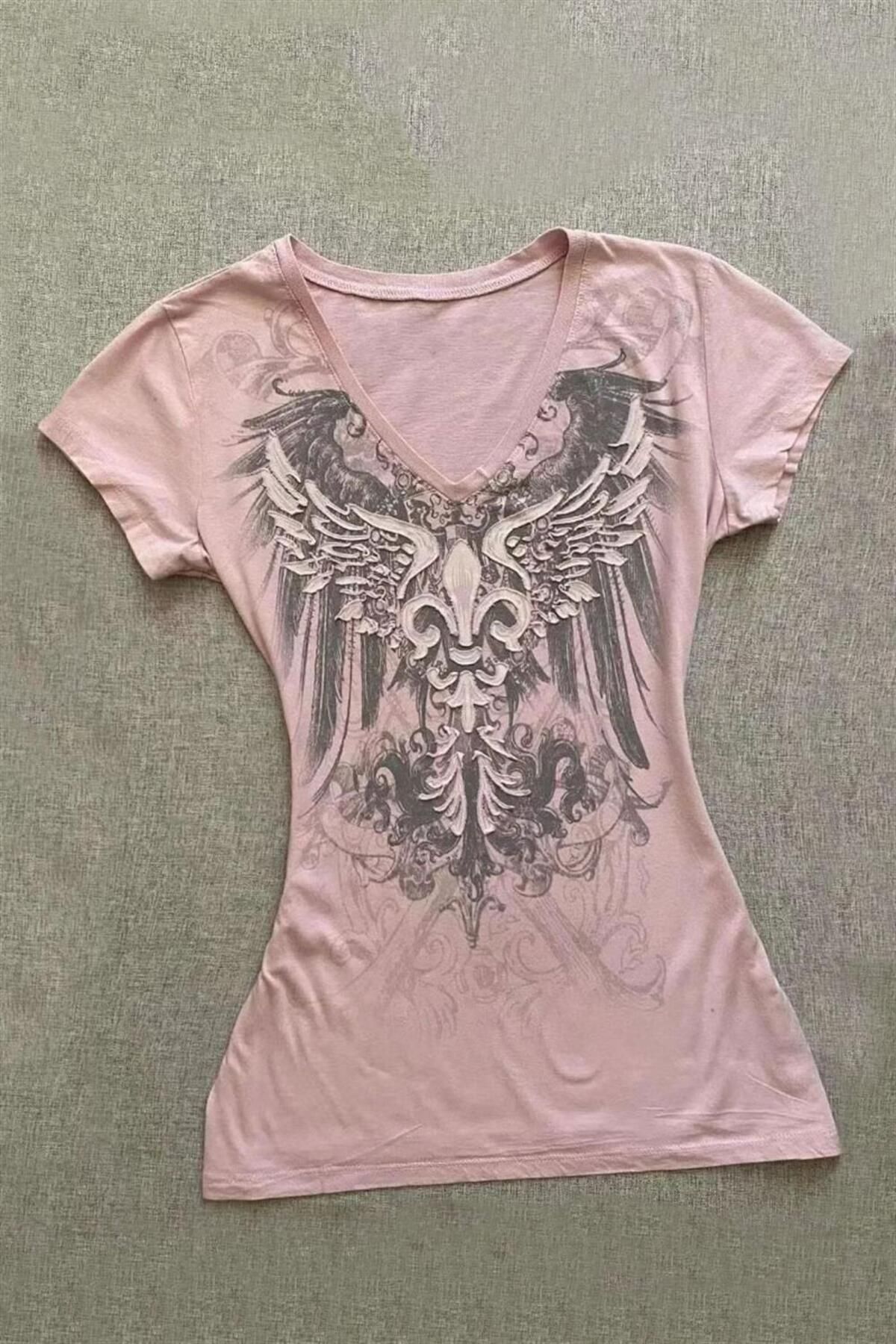 Karakedi Pembe Gothic Wing Y2K Kısa Kollu Crop