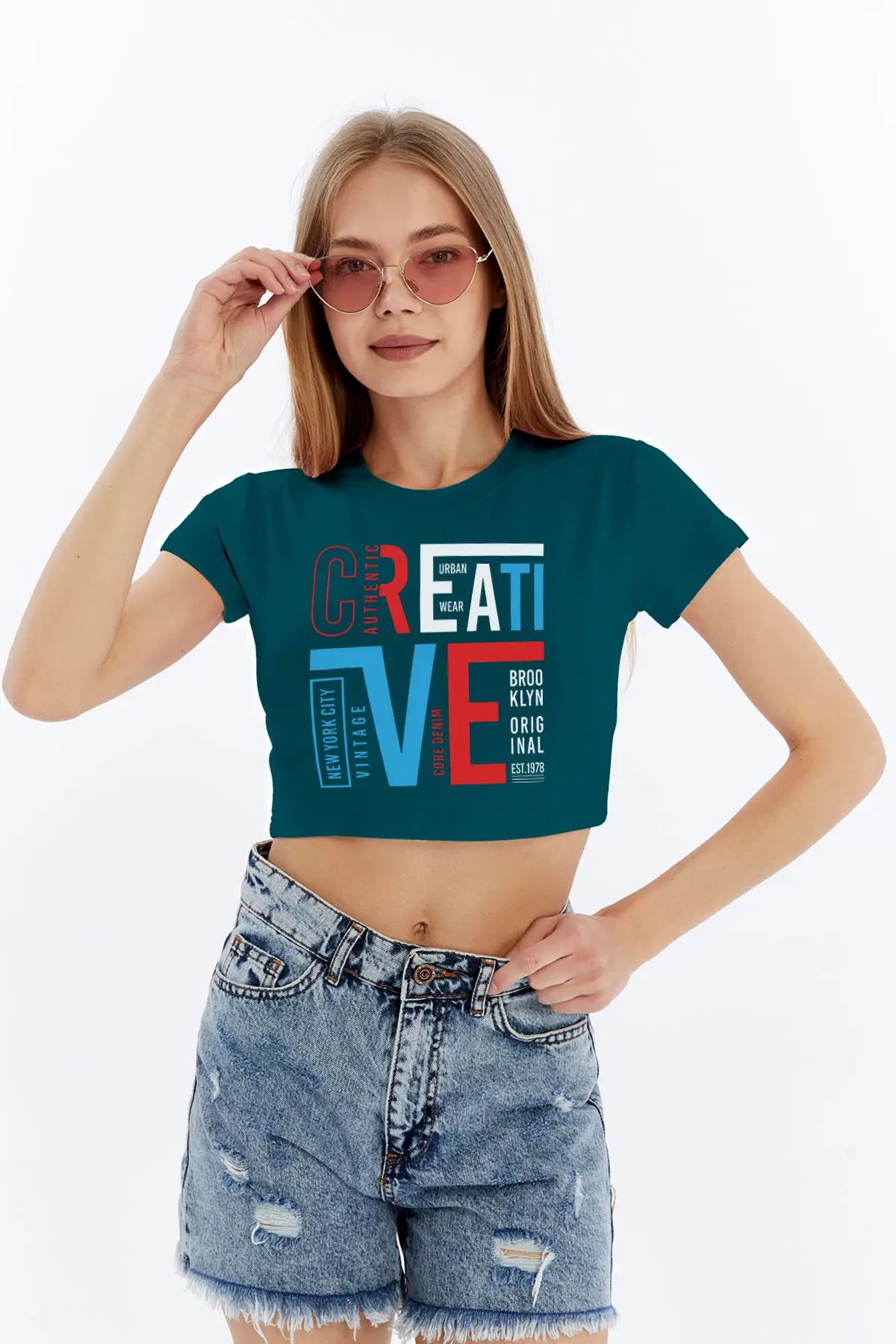 MYFORA Creative Desenli Viskon Kollu Crop Tişört