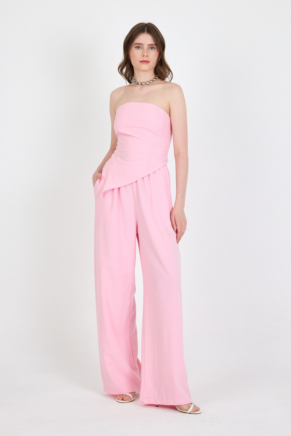 Rays Şeker Pembe Straplez Asimetrik Bluz Pantolon Takım 5234