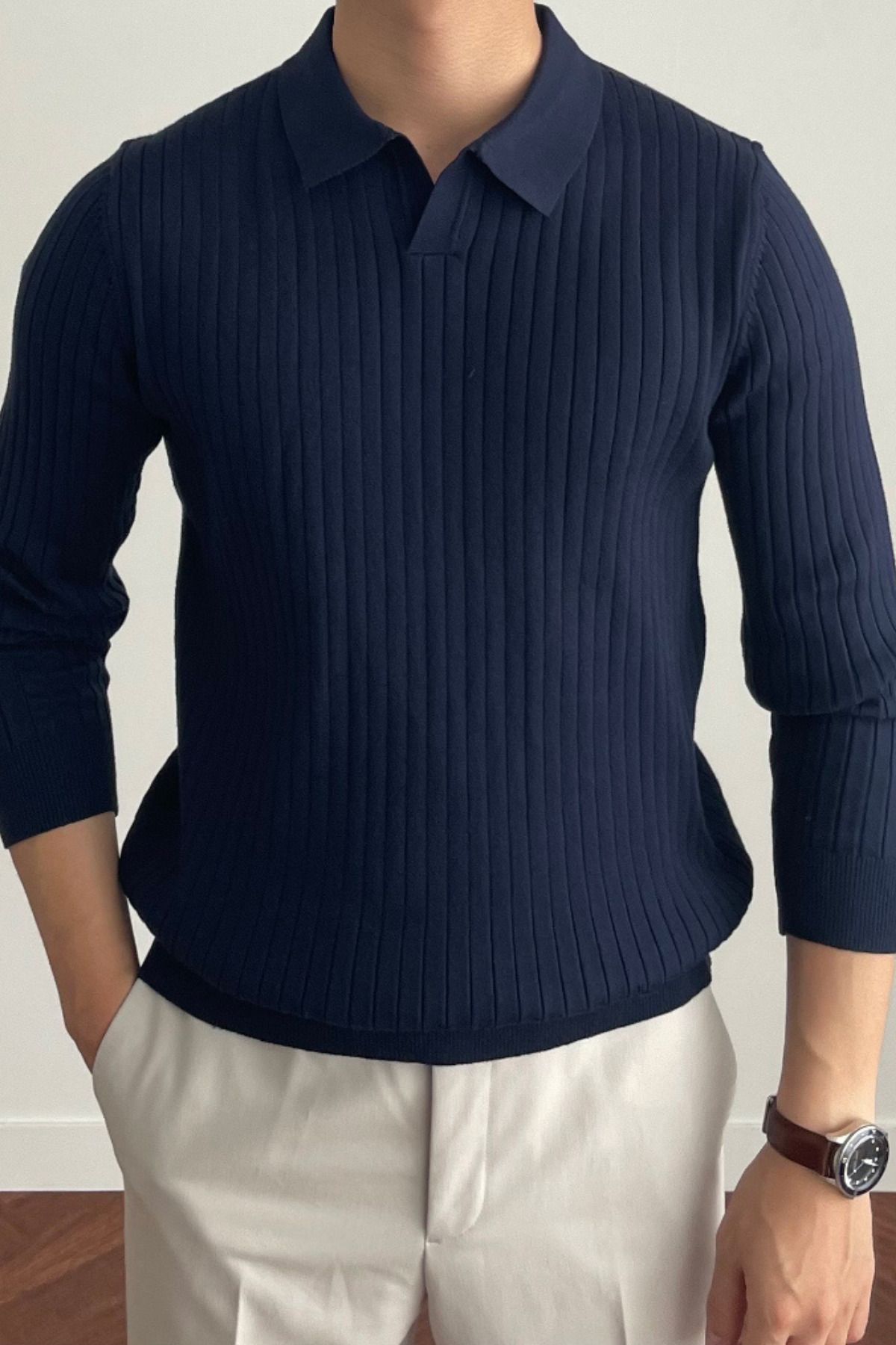 Tarz Cool Erkek Lacivert Slim Fit Uzun Kollu Polo Yaka Triko Kazak