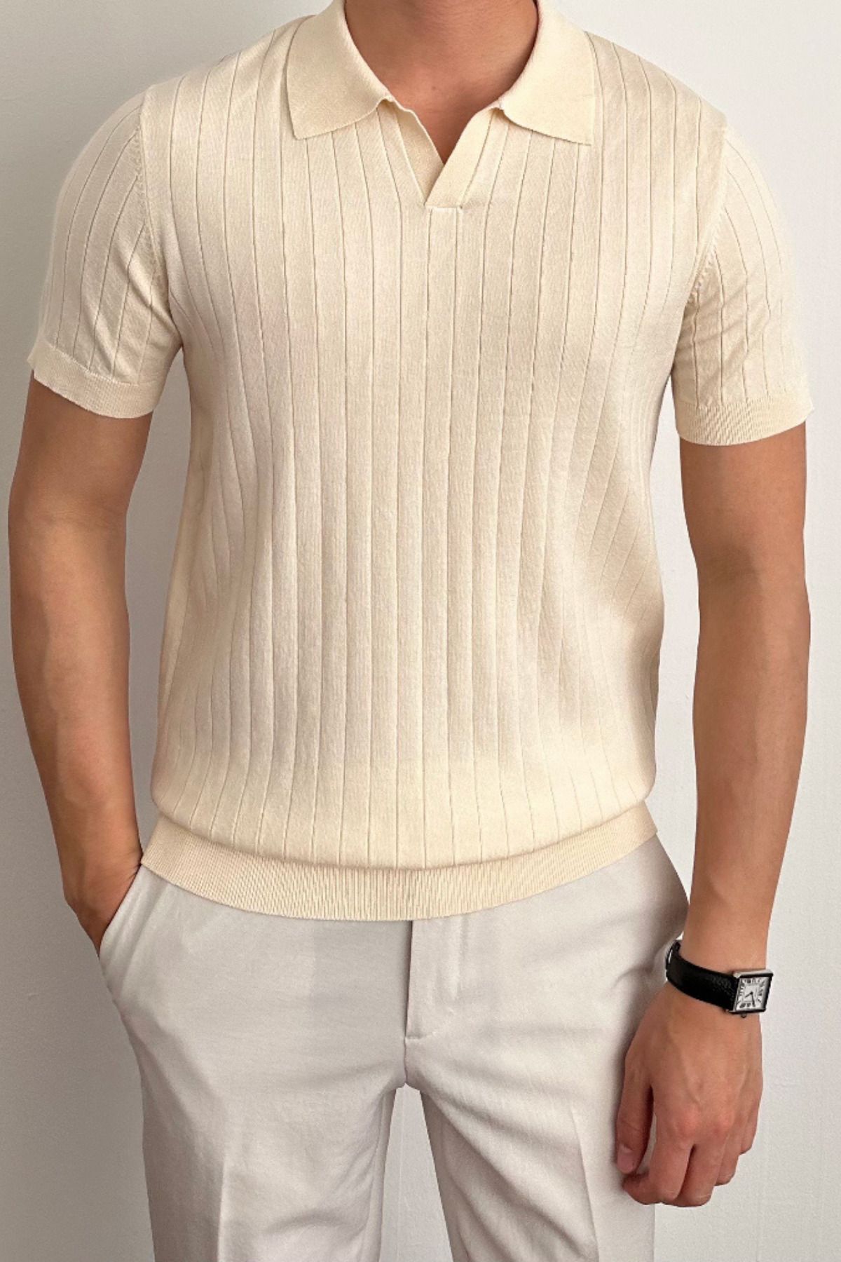 Tarz Cool Erkek Bej Slim Fit Fitilli Polo Yaka Triko T-Shirt