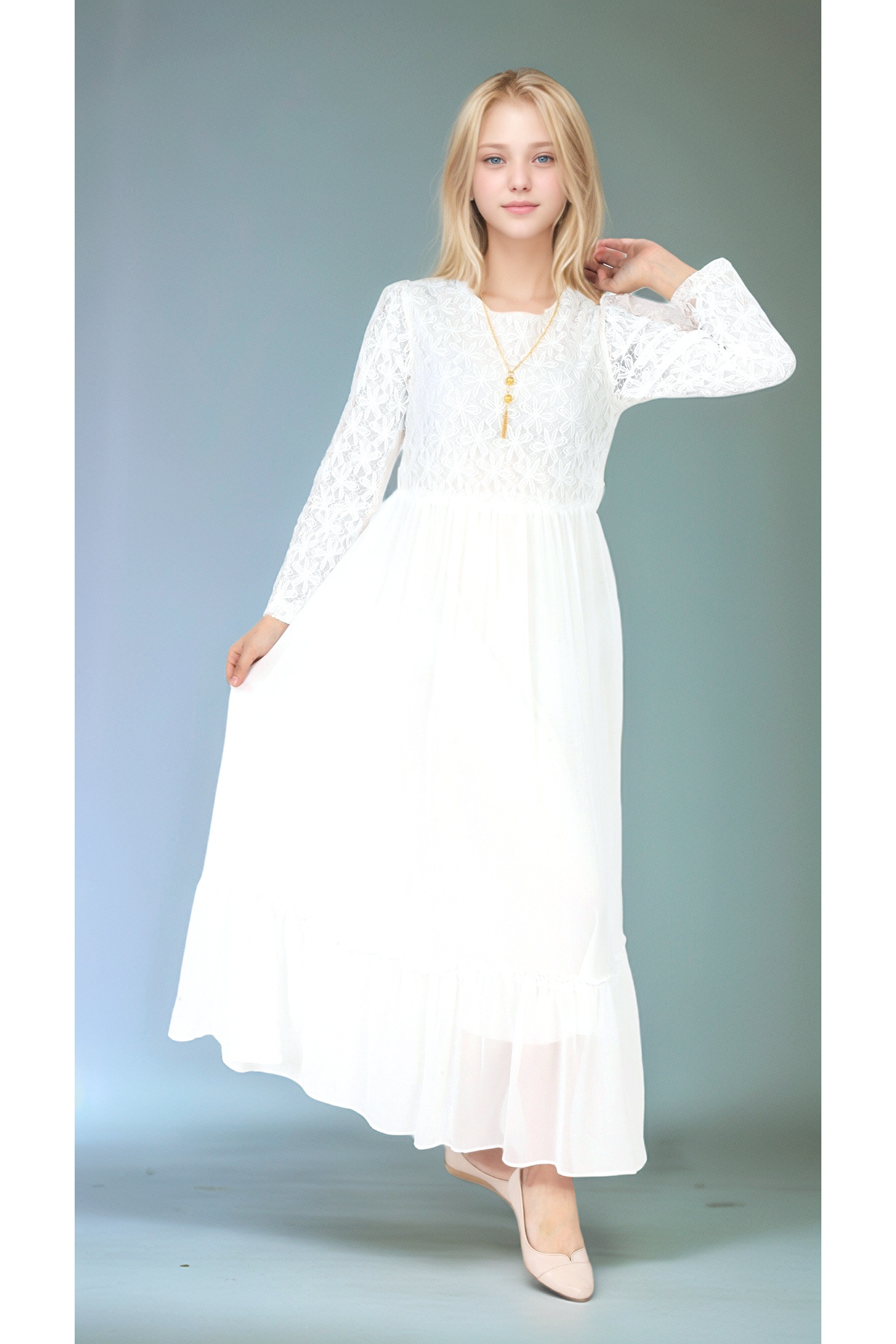 Joui Co-Girls' Hijab Dress-Lace Pattern-Lined-Chiffon Fabric- Long Dress with Necklace Detail 2