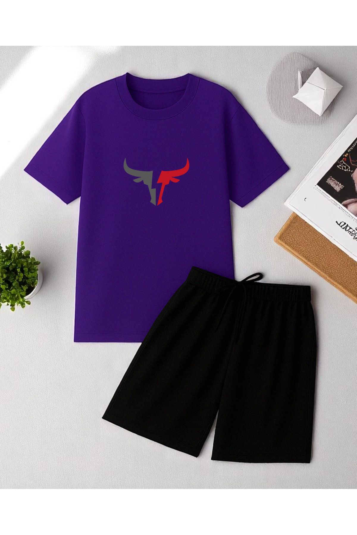 uyguntarz Unisex Boğa Baskılı Tasarım Şort Takım