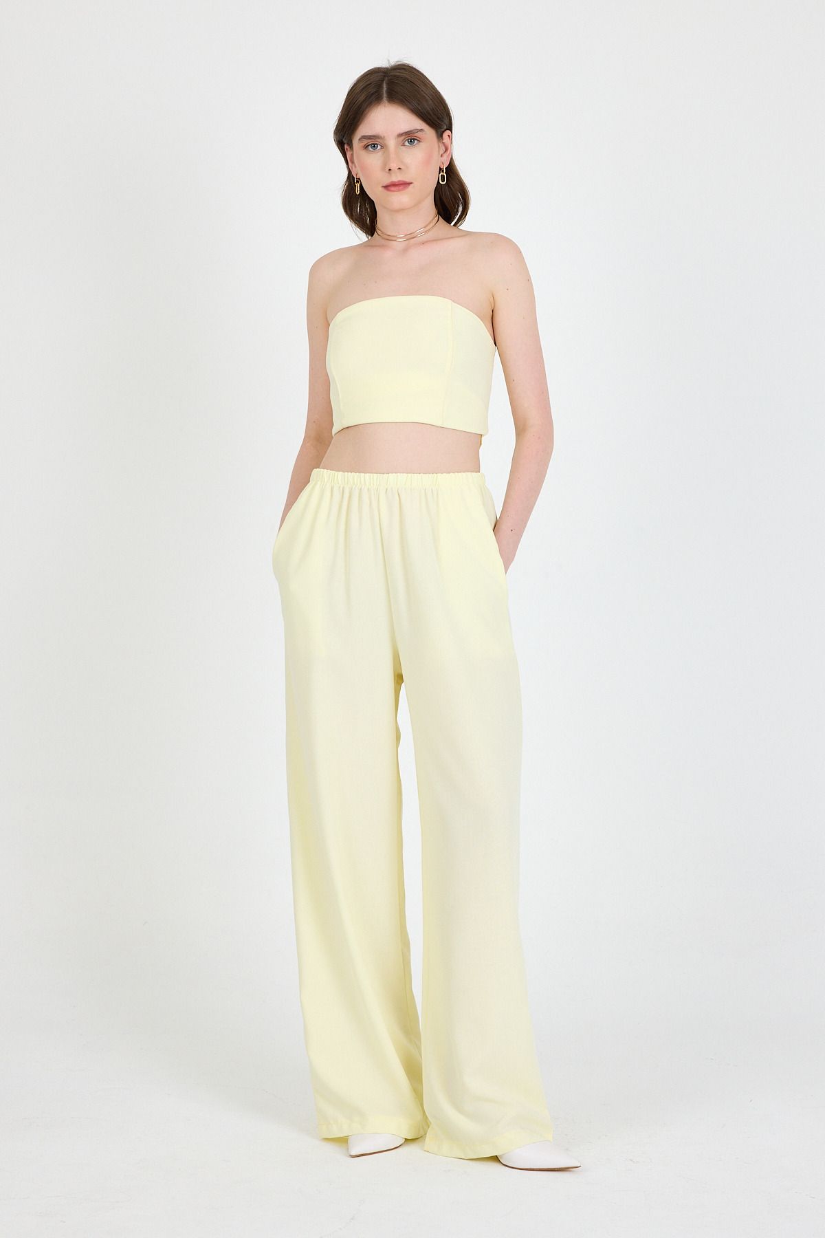 Rays Sarı Straplez Asimetrik Bluz Pantolon Takım 5234