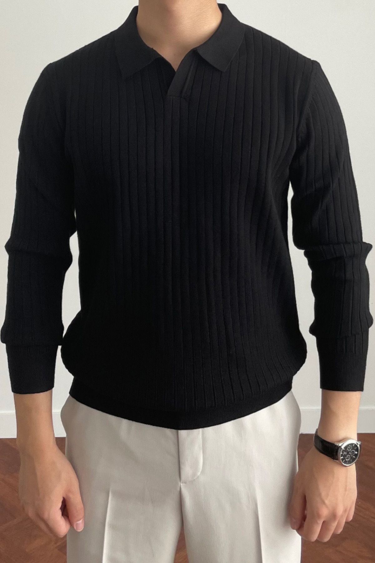 Tarz Cool Erkek Siyah Slim Fit Uzun Kollu Polo Yaka Triko Kazak