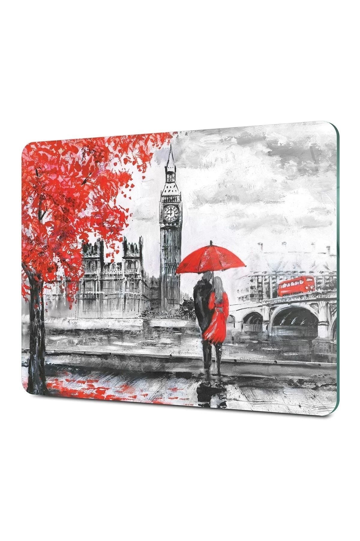 DEKORANLA Londra Saat Kulesi Desenli Cam Kesme Tahtası 30x40 cm
