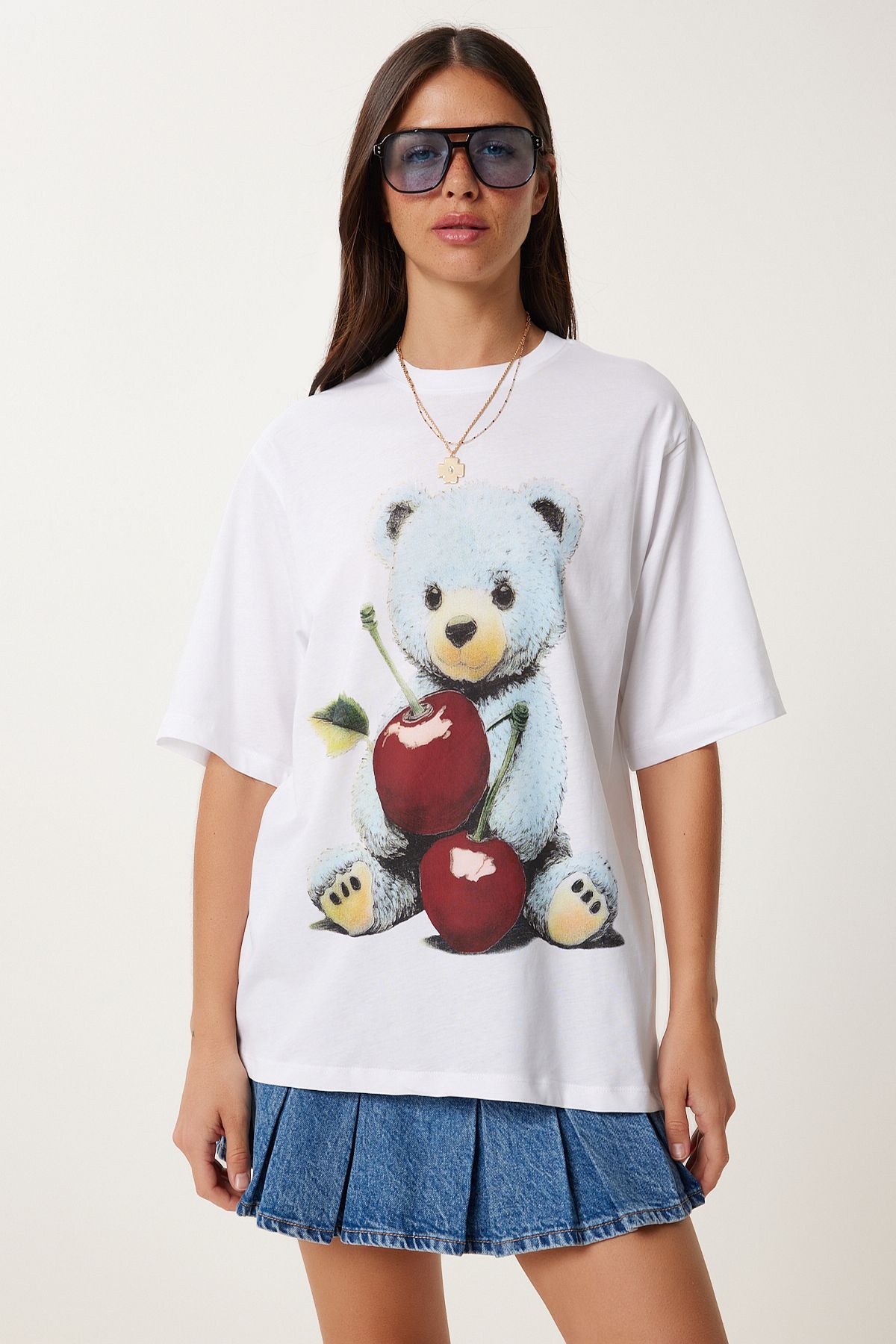 Lovelyİstanbul Ayıcık Baskılı Pamuklu Örme T-shirt BEYAZ LUB0122