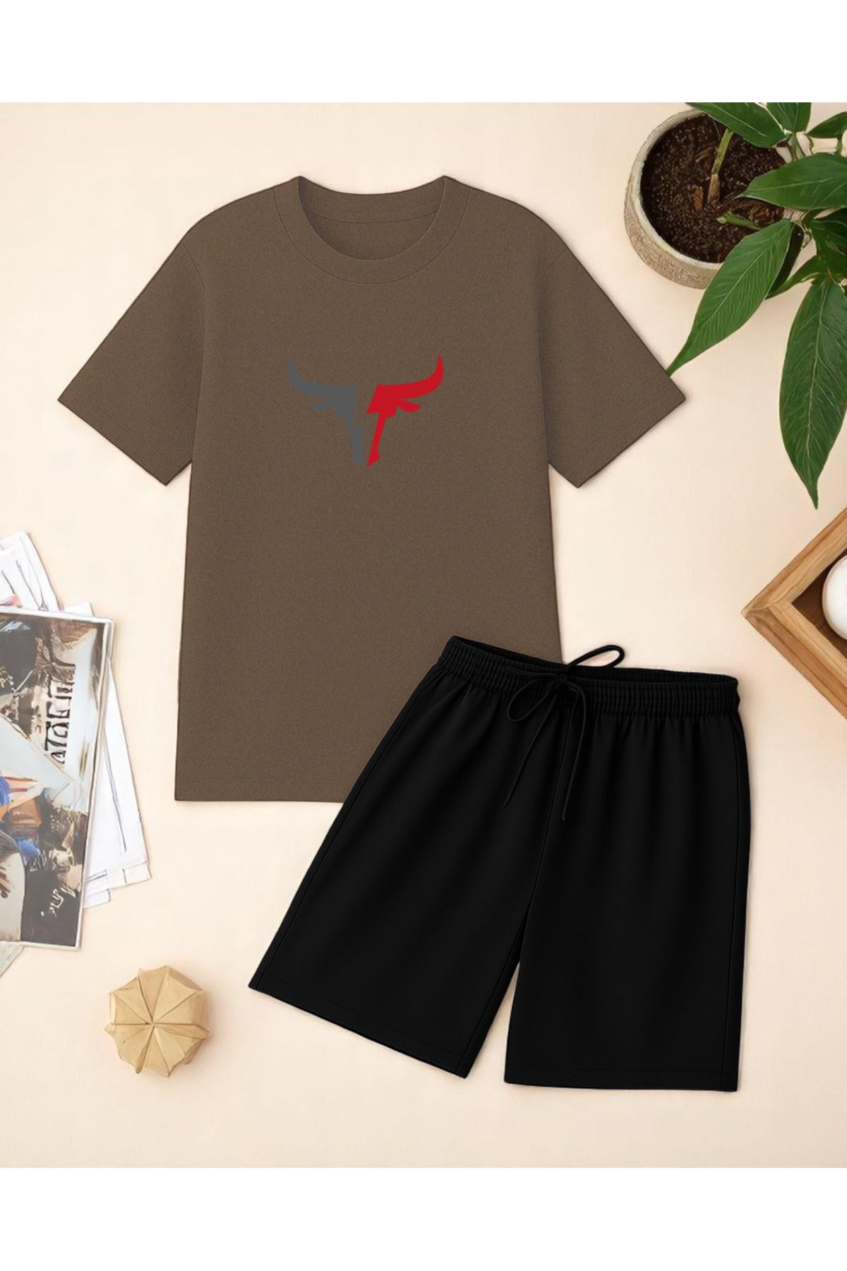 uyguntarz Unisex Boğa Baskılı Tasarım Şort Takım