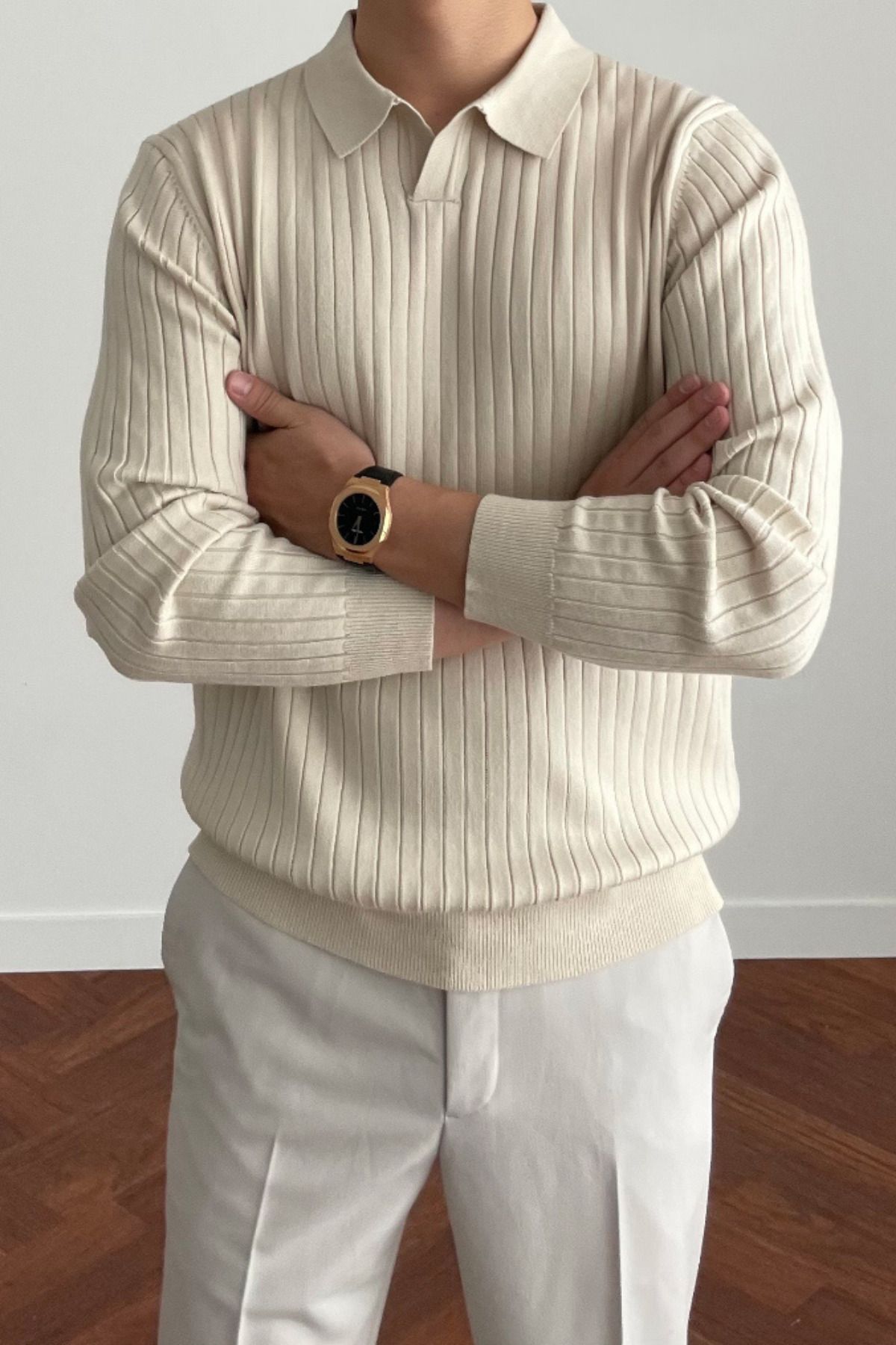 Tarz Cool Erkek Bej Slim Fit Uzun Kollu Polo Yaka Triko Kazak