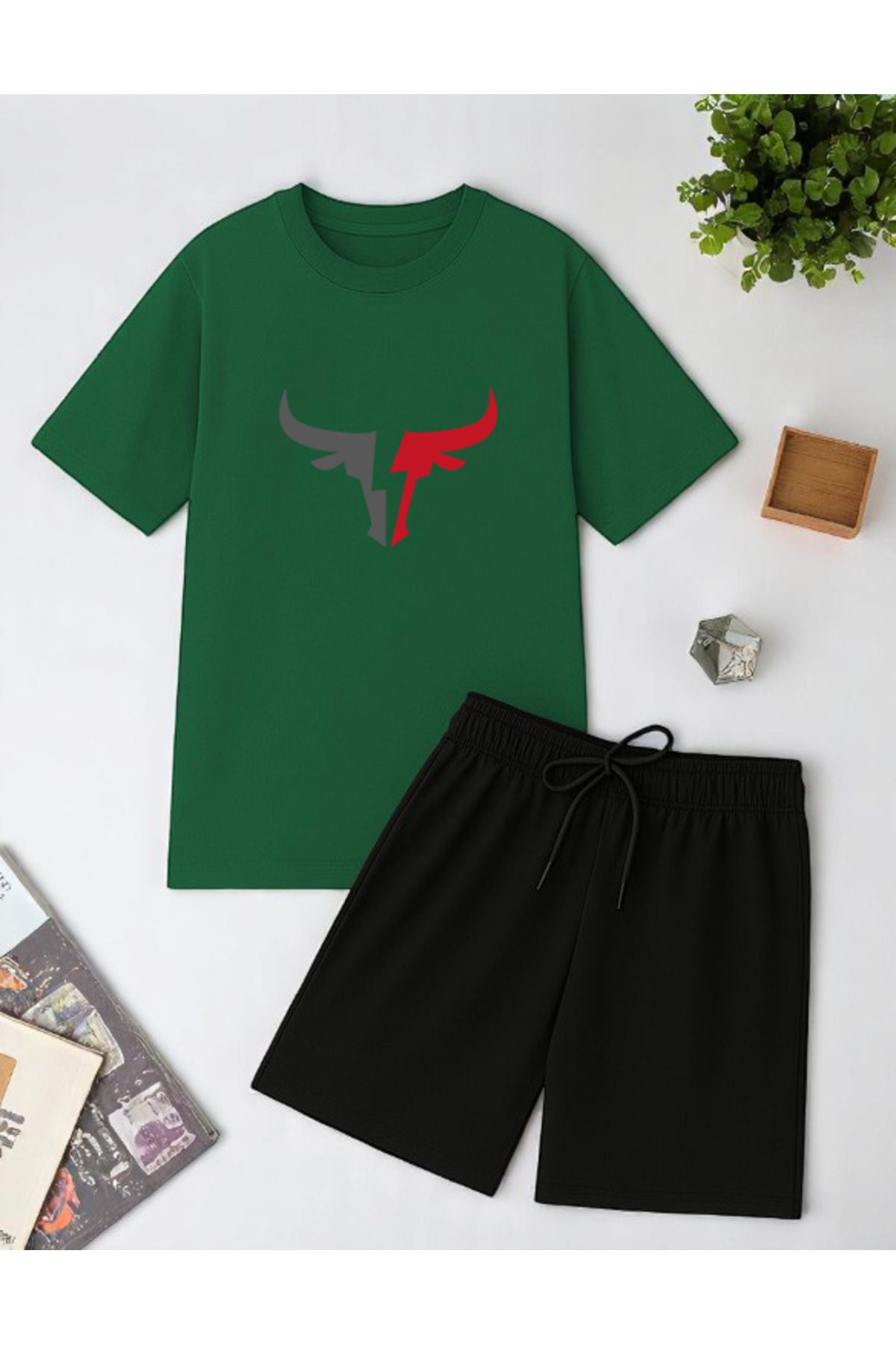 uyguntarz Unisex Boğa Baskılı Tasarım Şort Takım