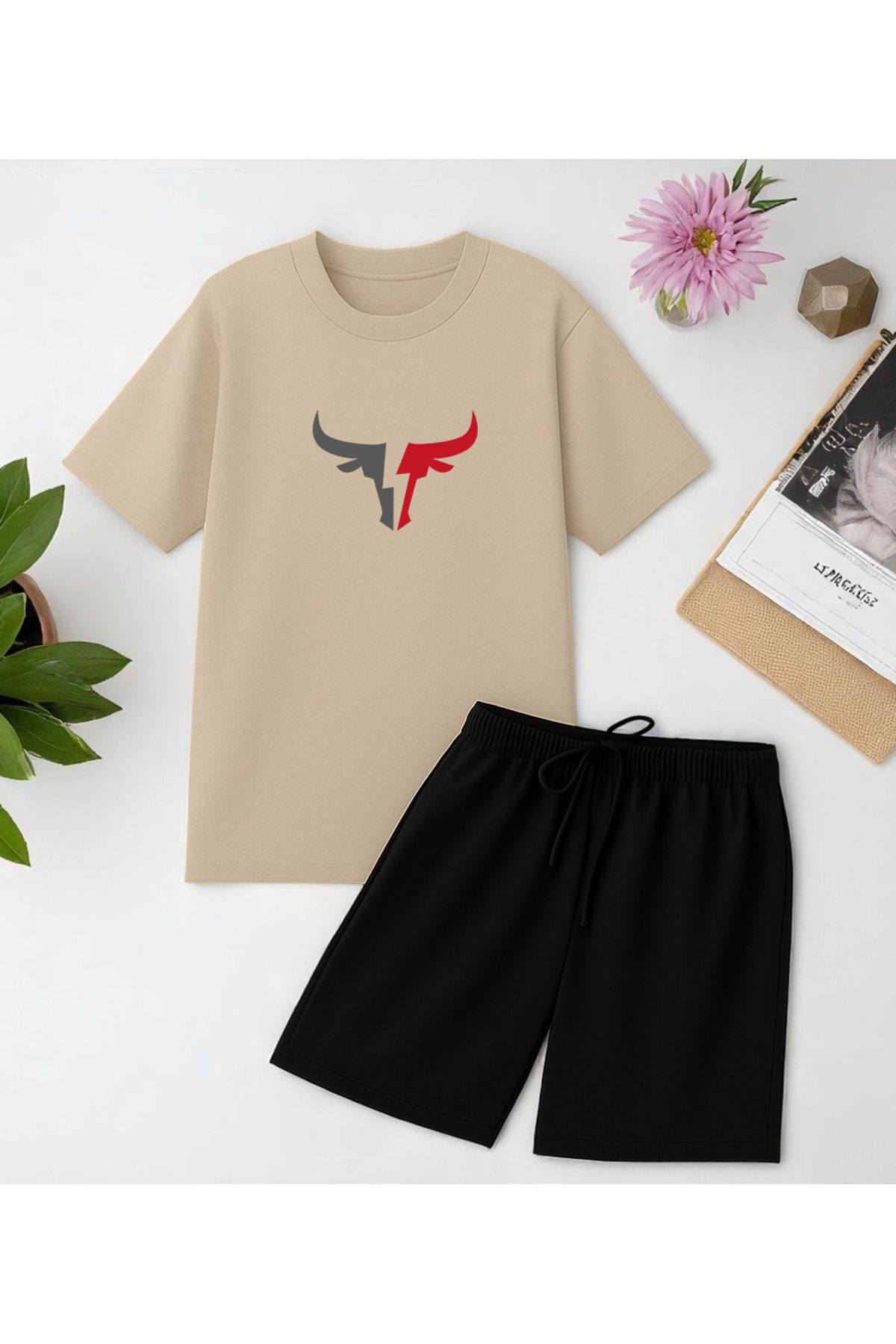 uyguntarz Unisex Boğa Baskılı Tasarım Şort Takım
