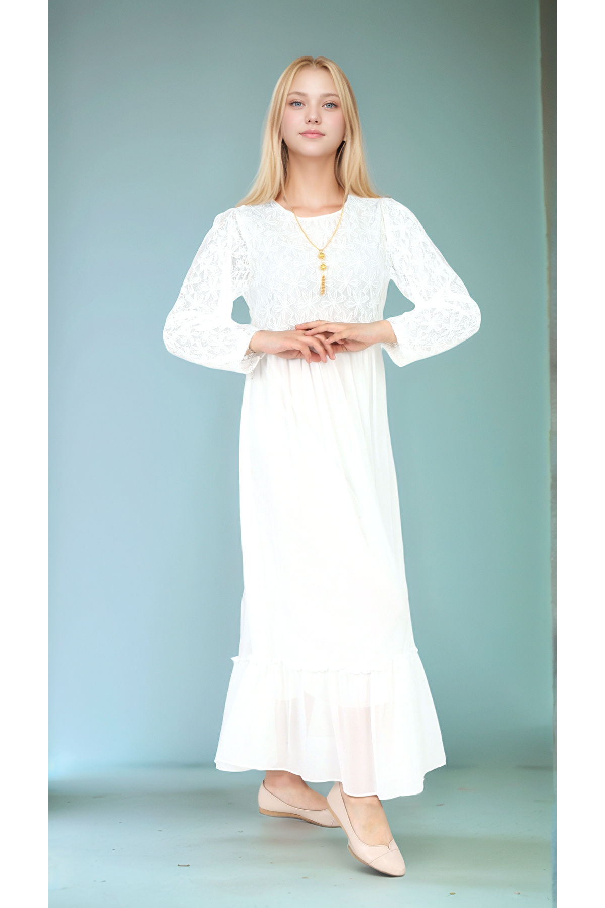 Joui Co-Girls' Hijab Dress-Lace Pattern-Lined-Chiffon Fabric- Long Dress with Necklace Detail 7