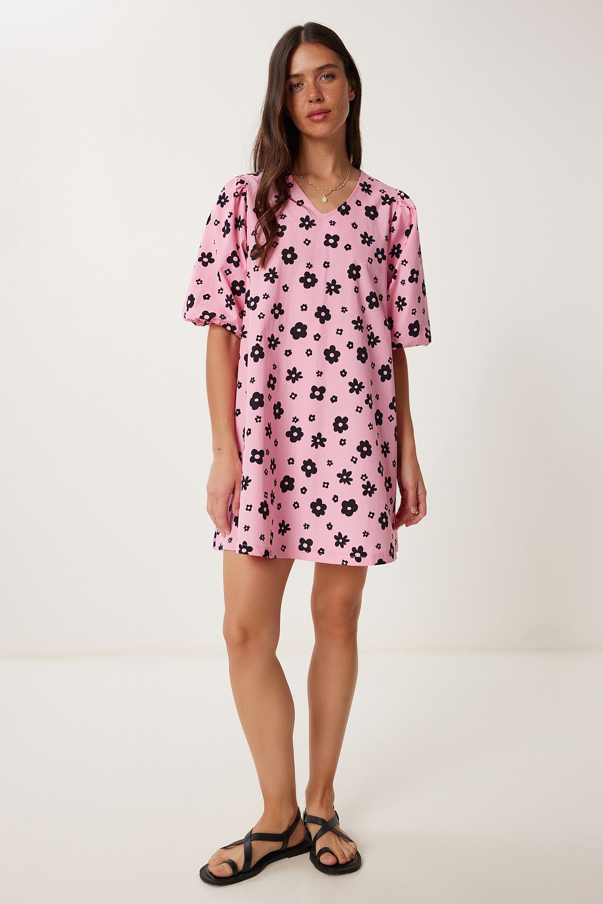 Lovelyİstanbul Balon Kollu Desenli Poplin Elbise PEMBE SİYAH LRC0004