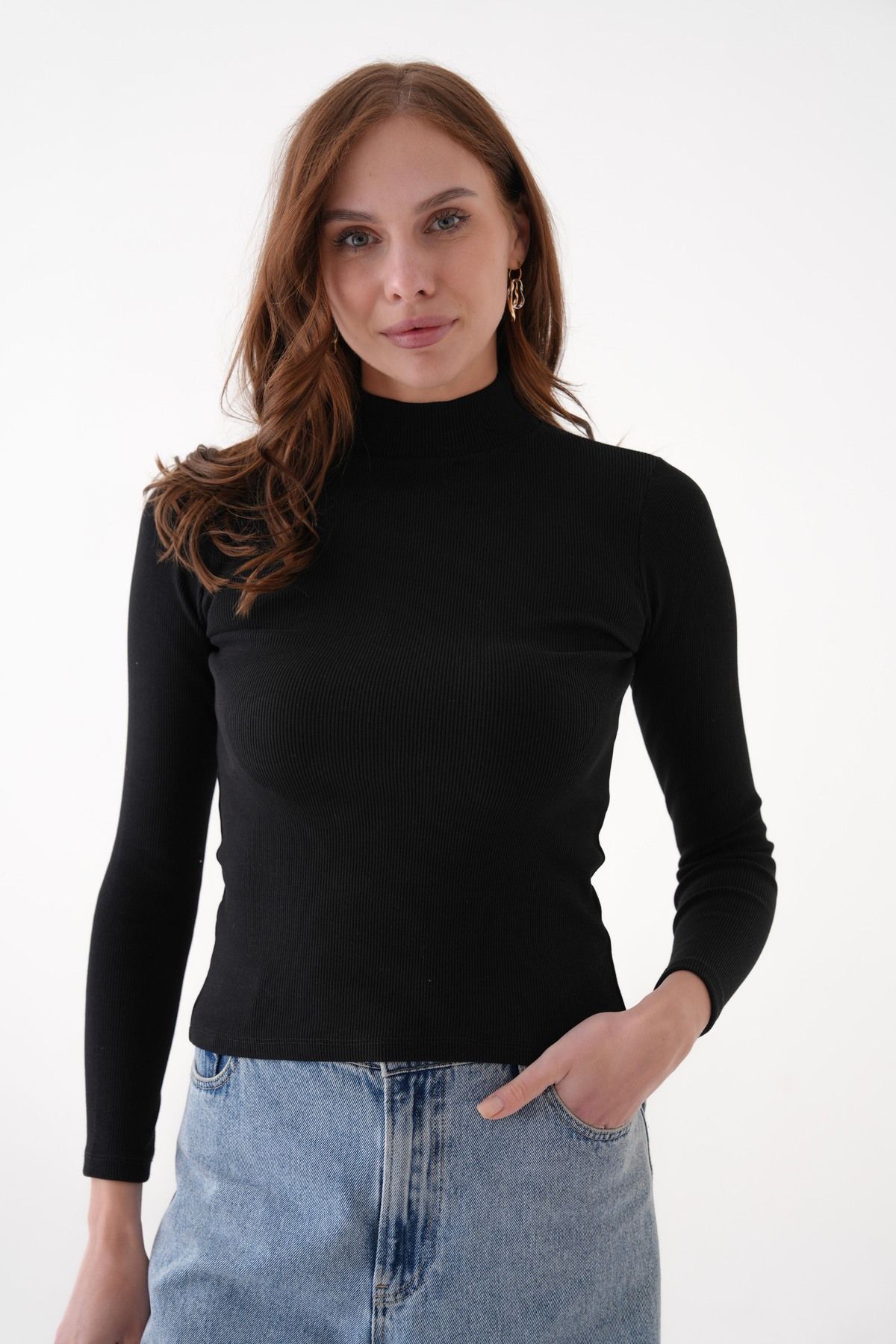 SHEMALL LUXURY Dik Yaka Siyah Uzun Kollu Fitilli Bluz Body 25512