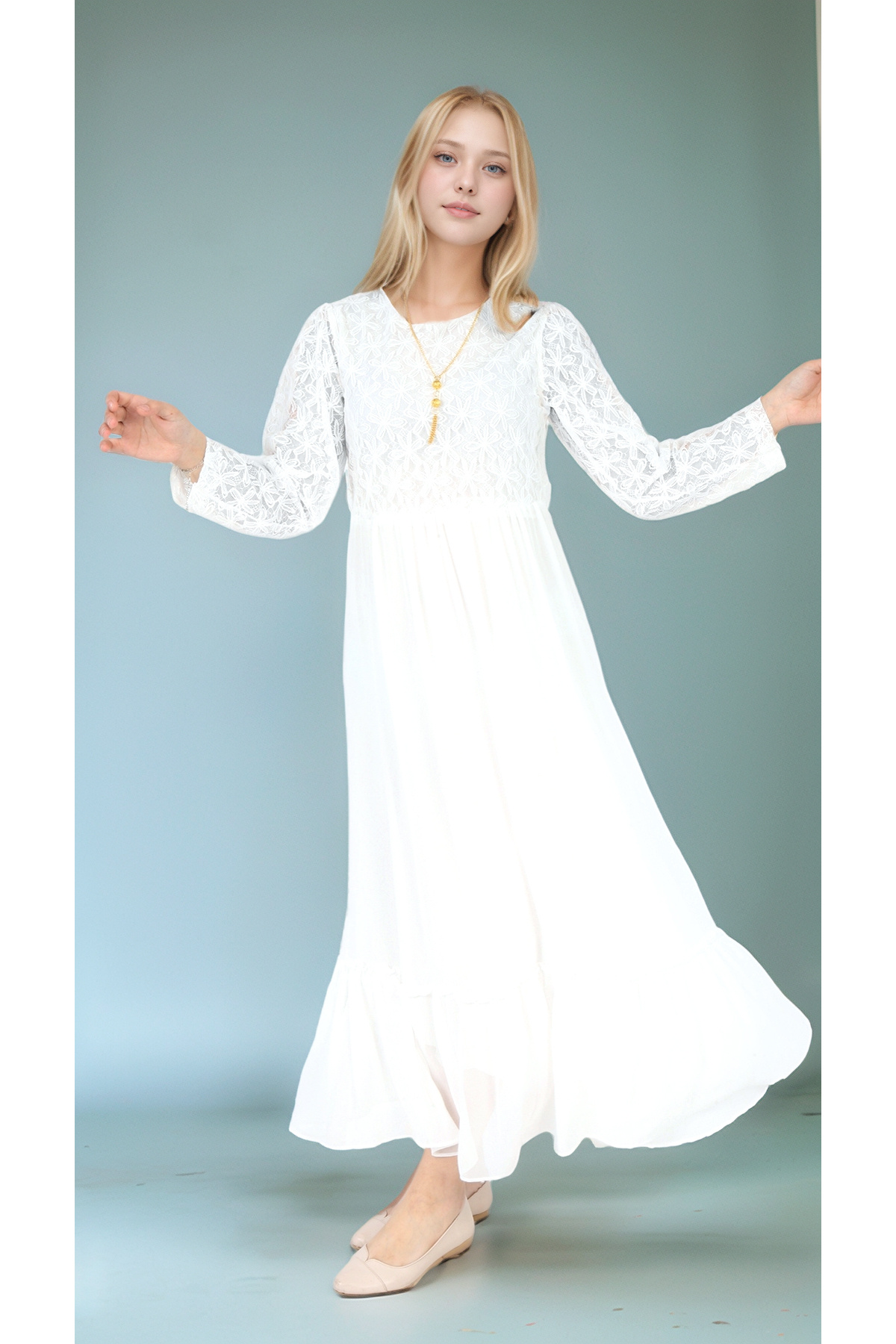 Joui Co-Girls' Hijab Dress-Lace Pattern-Lined-Chiffon Fabric- Long Dress with Necklace Detail 5