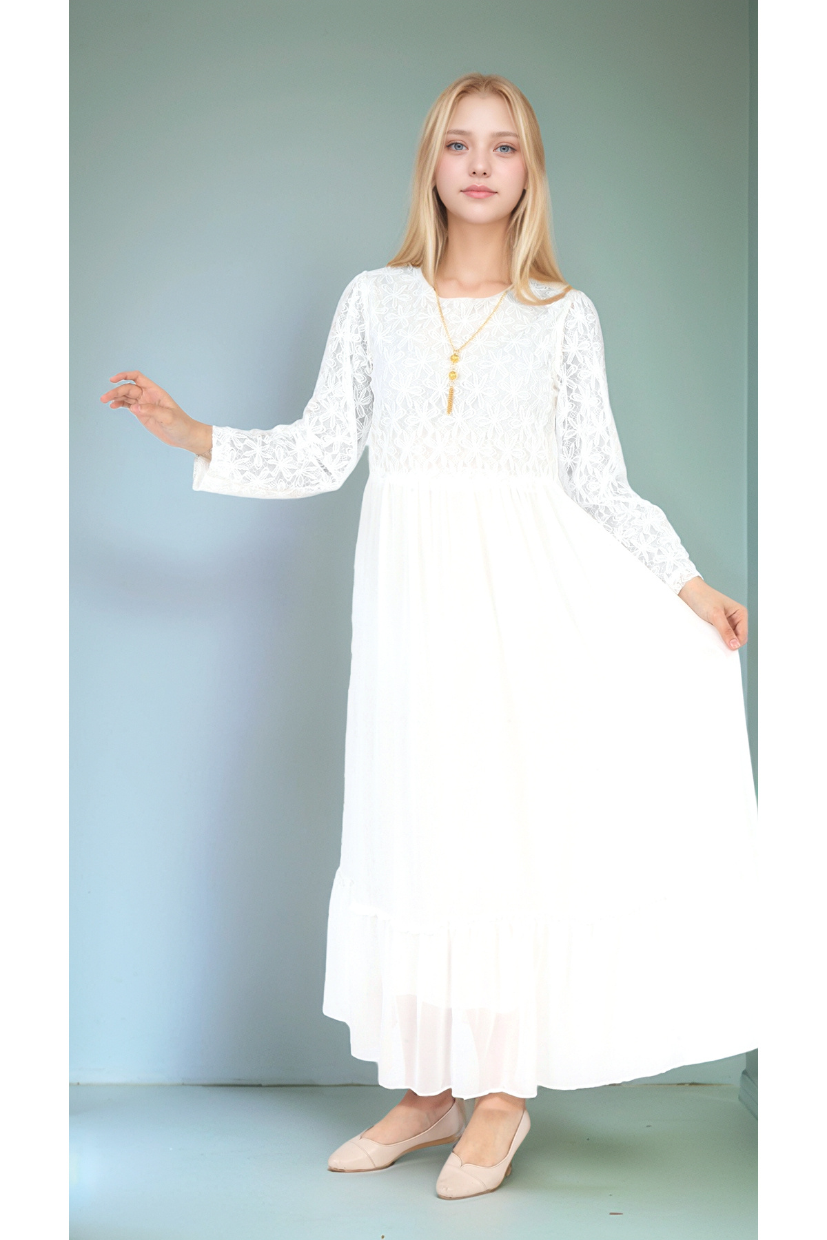 Joui Co-Girls' Hijab Dress-Lace Pattern-Lined-Chiffon Fabric- Long Dress with Necklace Detail 4