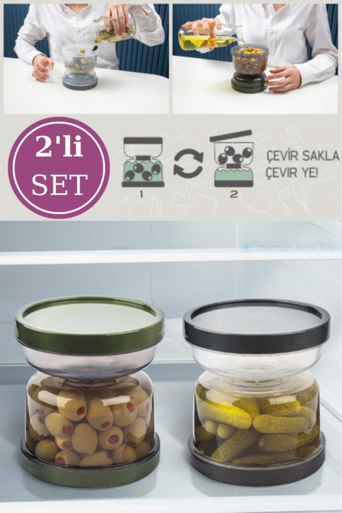 DEKORANLA Şeffaf Kum Saati ile Zeytin ve Turşu Saklama Kabı, 2'li Set
