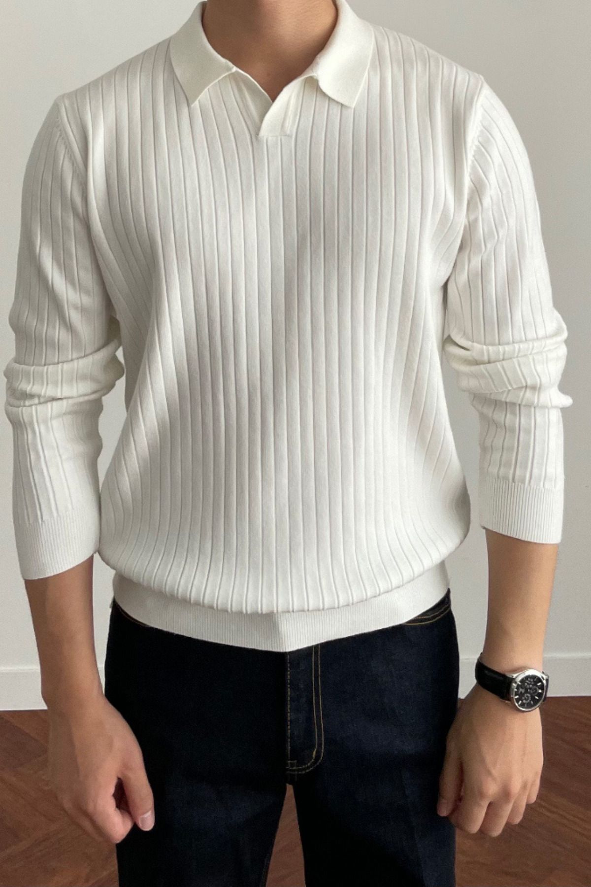Tarz Cool Erkek Beyaz Slim Fit Uzun Kollu Polo Yaka Triko Kazak