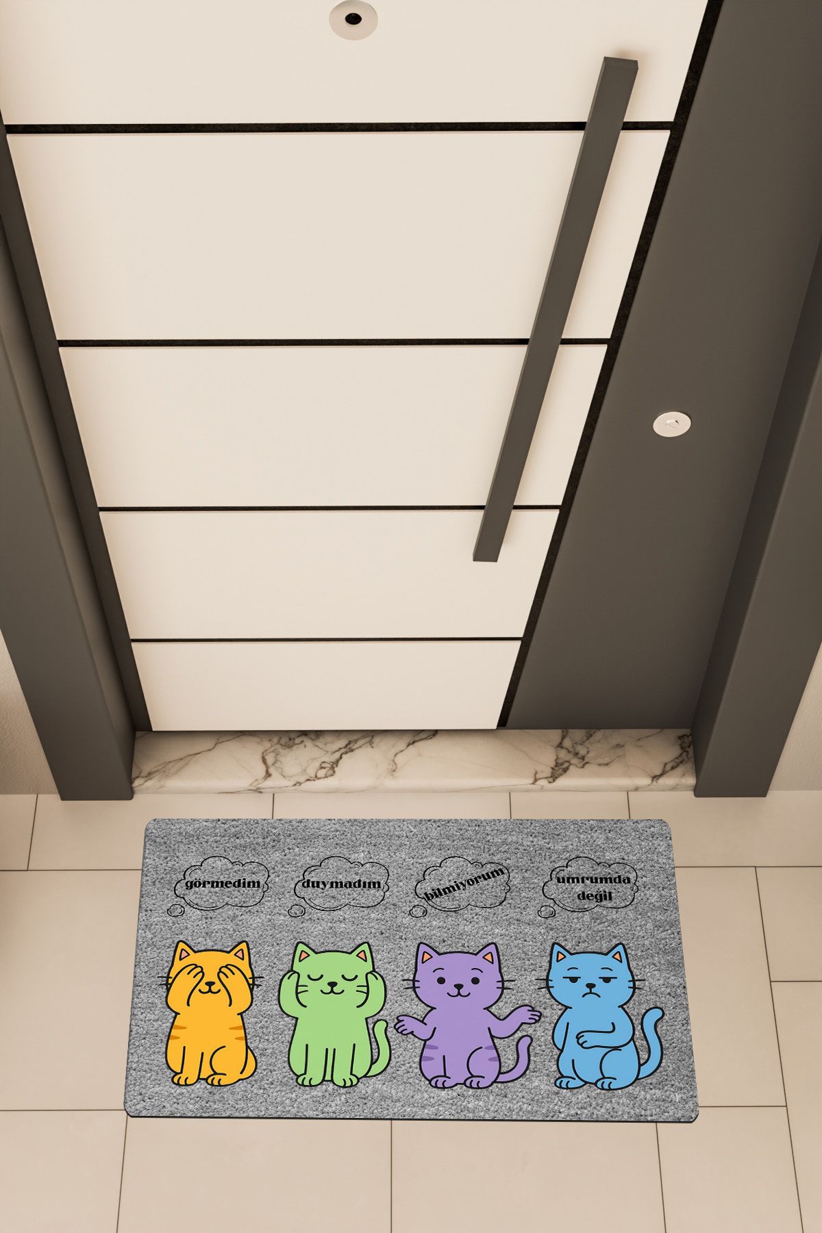 Dormot Home Yüksek Kaliteli Dijital Baskı Grii, Görmedim,Duymadım,Bilmiyorum, temalı Kapı Önü Paspası