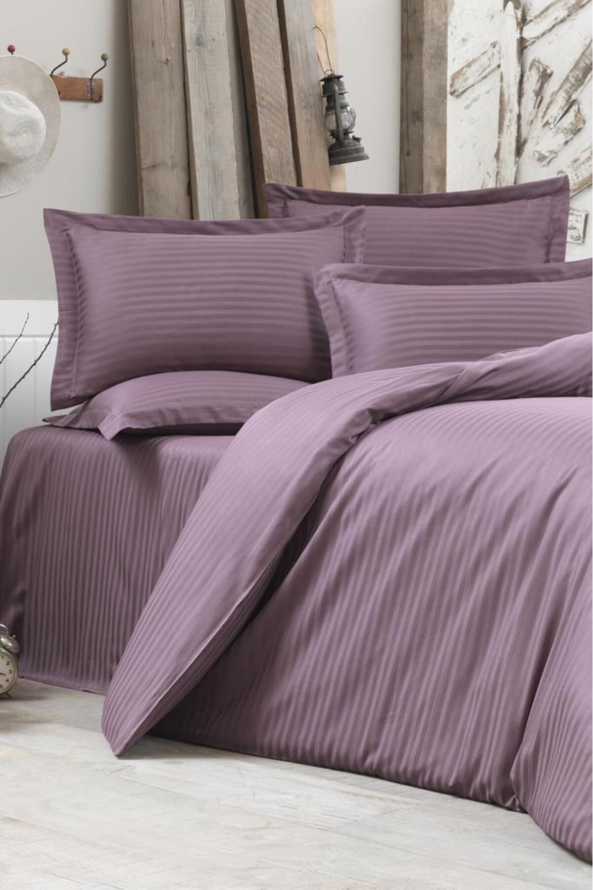 Çeyiz Diyarı Çeyiz Diyarı Stripe Çift Kişilik PollySaten Nevresim Takımıı Lila