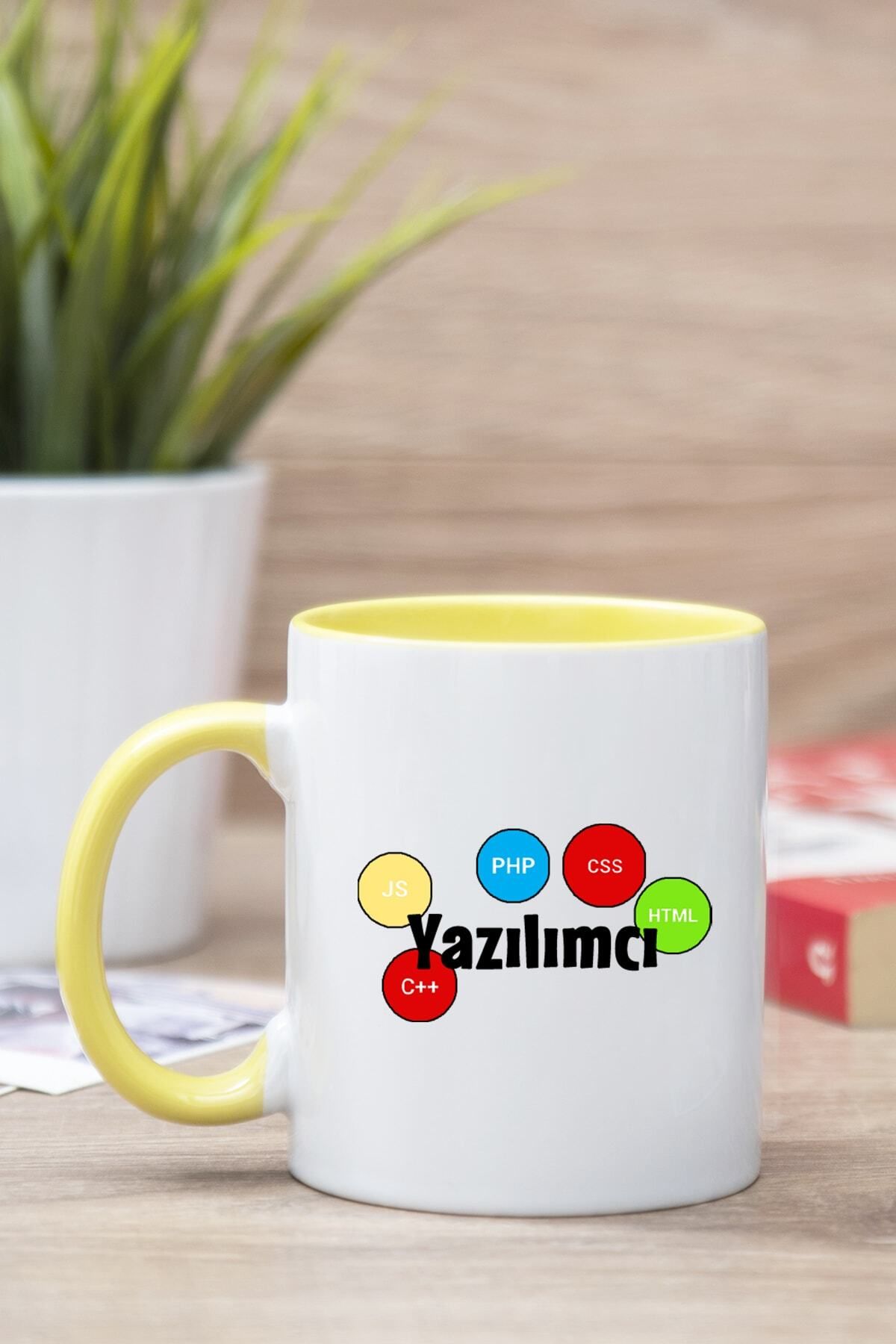 DEKORANLA Sarı Yazılımcı Temalı Baskılı Kupa Bardak, Hediye İçin İdeal