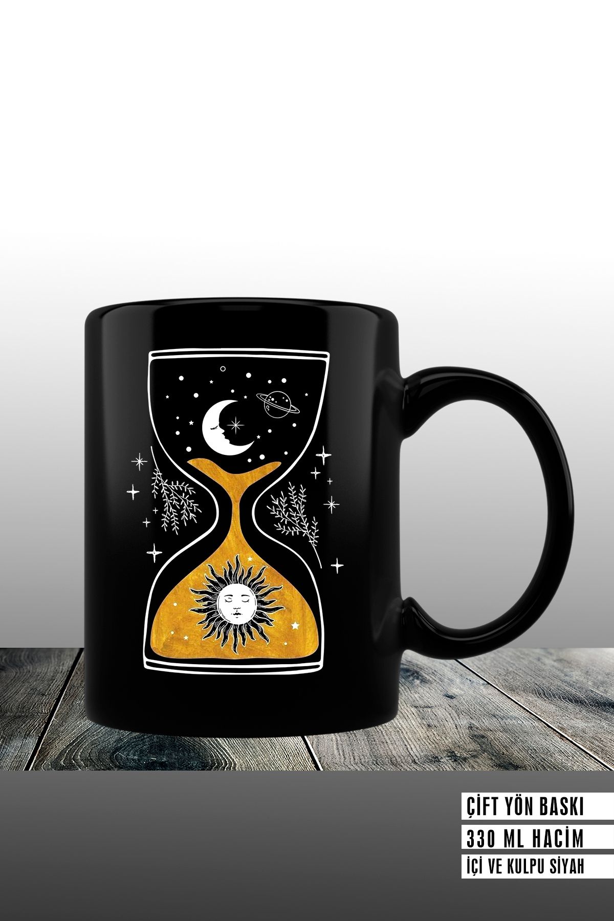 DEKORANLA Kum Saati Desenli Siyah Kupa 330 ml Kahve ve Çay Bardağı