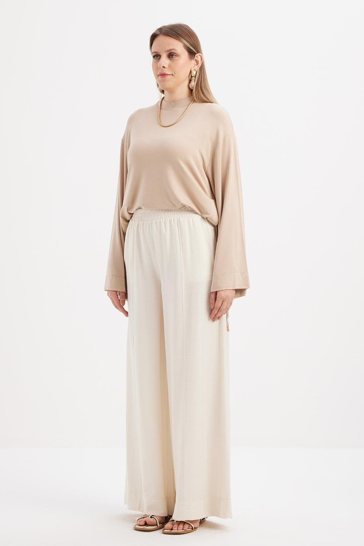 ALLDAY-Ecru-Waist Elastic Wide Leg Trousers 2