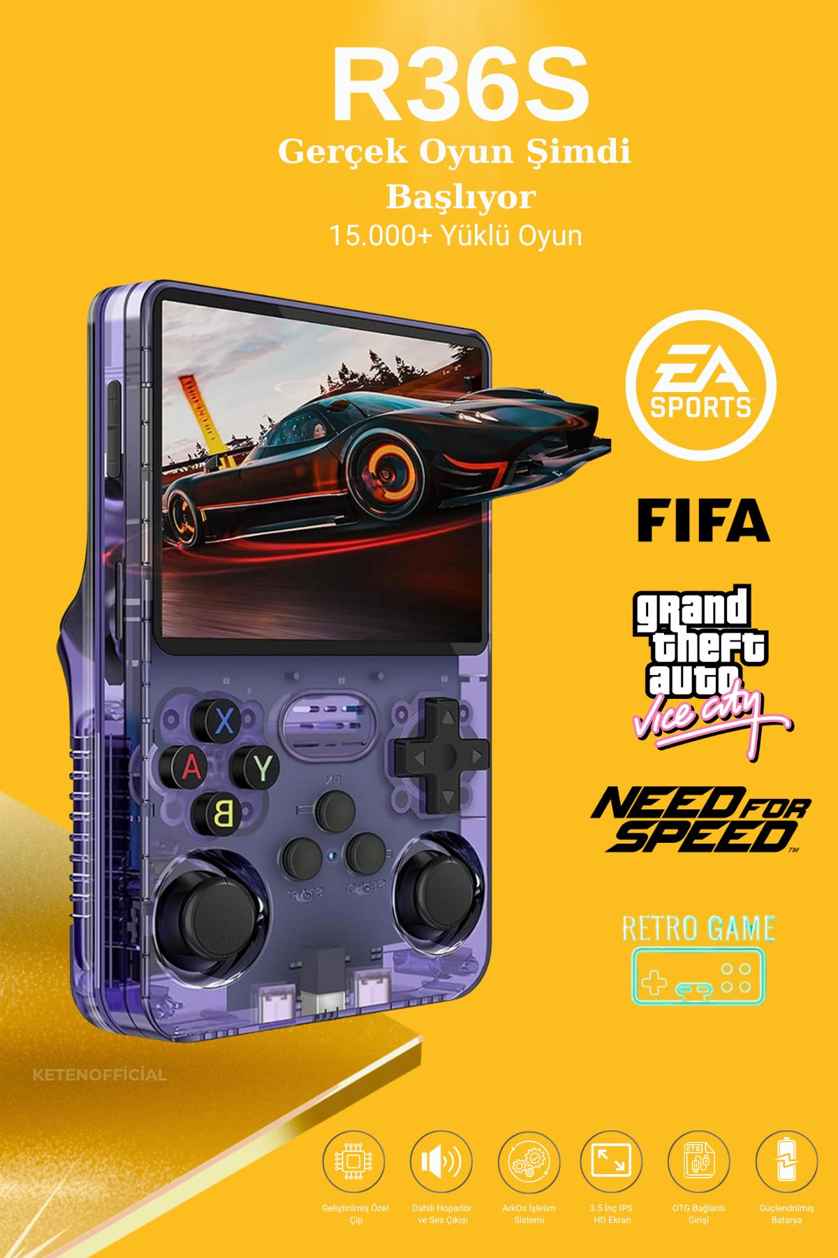 KETENOFFİCİAL R36S Retro Oyun Konsolu 15.000+ Konsol Oyunu Yeni Nesil El Atarisi 64 Gb Hd Ekran Mor