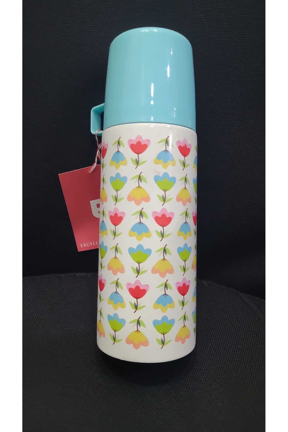DEKORANLA Turkuaz 350ml Izole Şişe, Çiçek Desenli Termos ve Bardak ile Mutfak ve Yemek Alanı