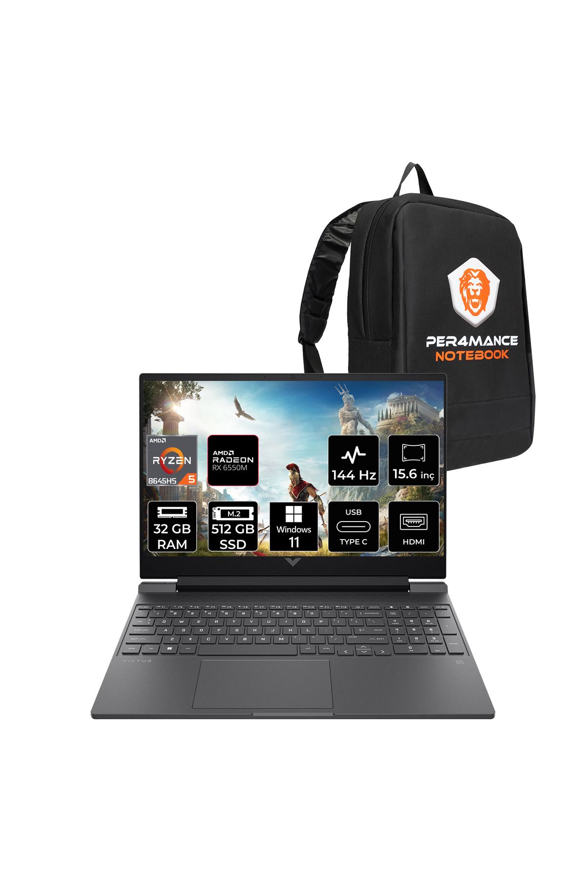 HP Victus 15 R5 8645HS 32GB DDR5 512GB SSD RX6550M/4GB 15.6'' 144Hz W11H Gaming Laptop & PER4 ÇANTA