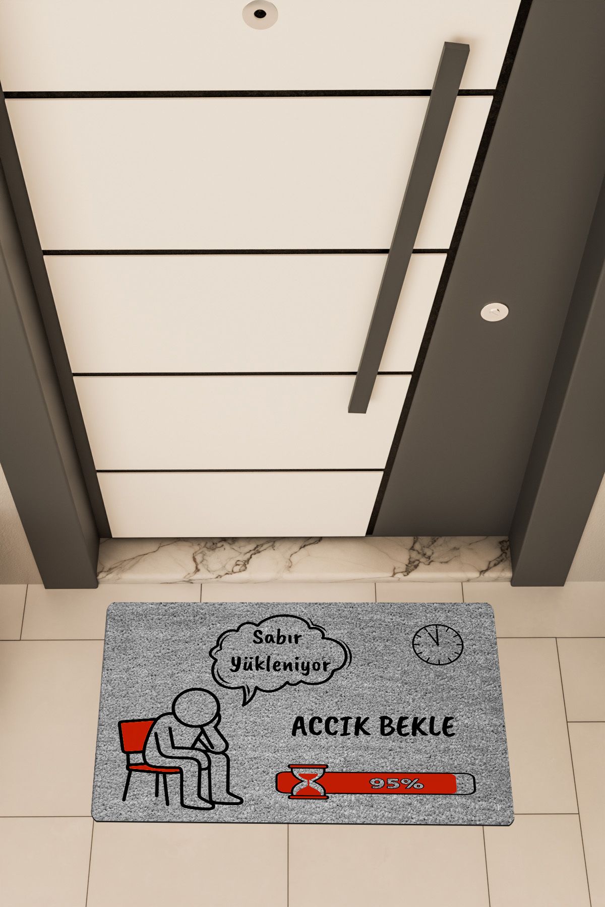 Dormot Home Yüksek Kaliteli Dijital Baskı Gri, Sabır Yükleniyor, temalı Kapı Önü Paspası