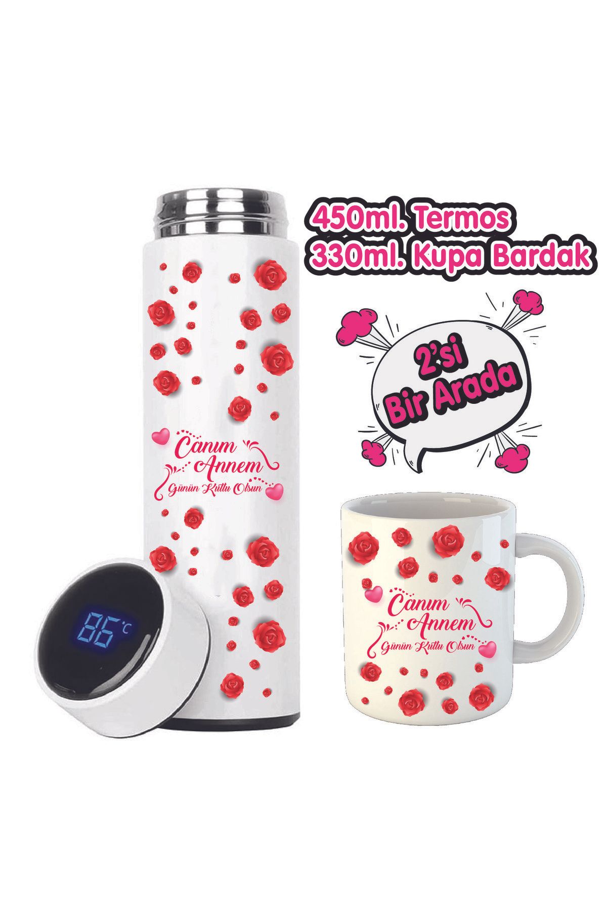 DEKORANLA Baskılı Termos ve Kupa Bardak 450ml, 10 Saat Isı Koruma, Beyaz Renk