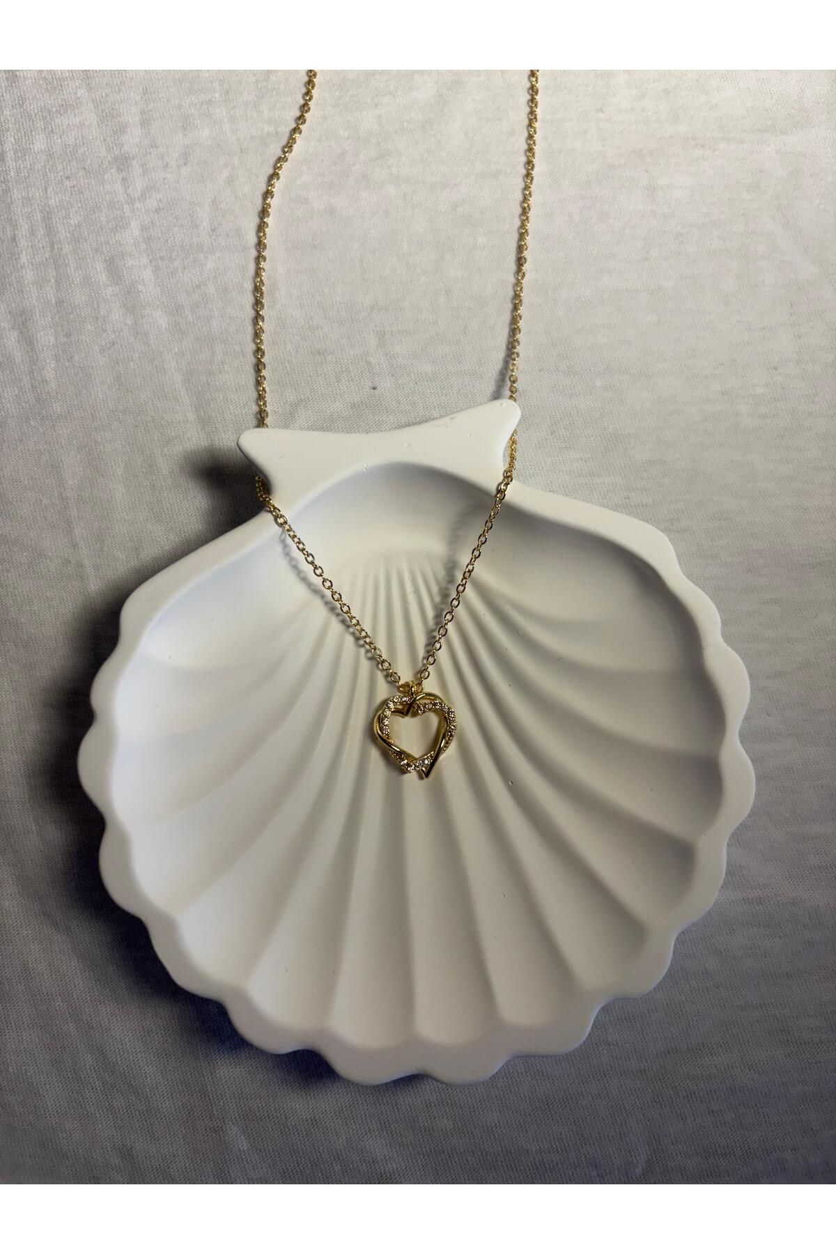 SIENAL COLLECTION Gold Renk Zirkon Taşlı Sarmal Kalp Model Kolye