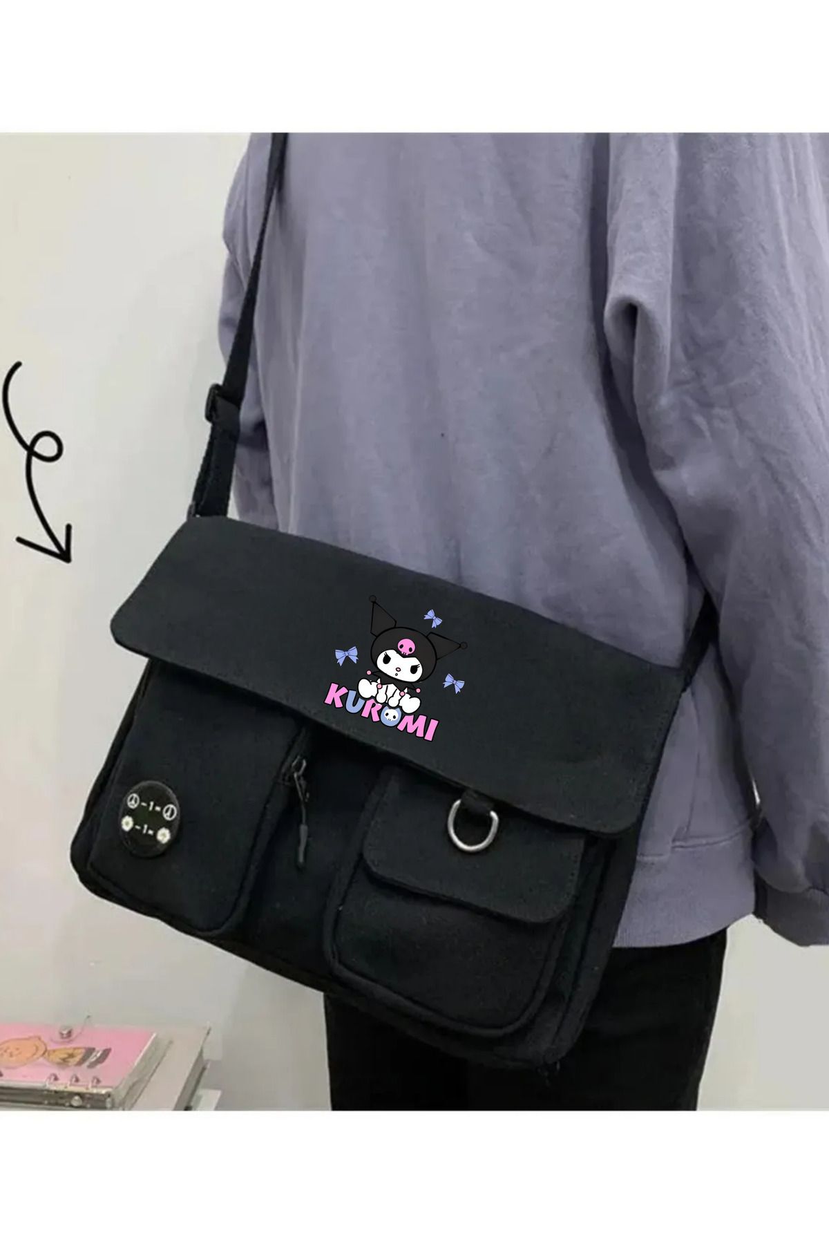 Toum Kuromi Harajuku Unisex Cepli Unisex Siyah Postacı Çantası
