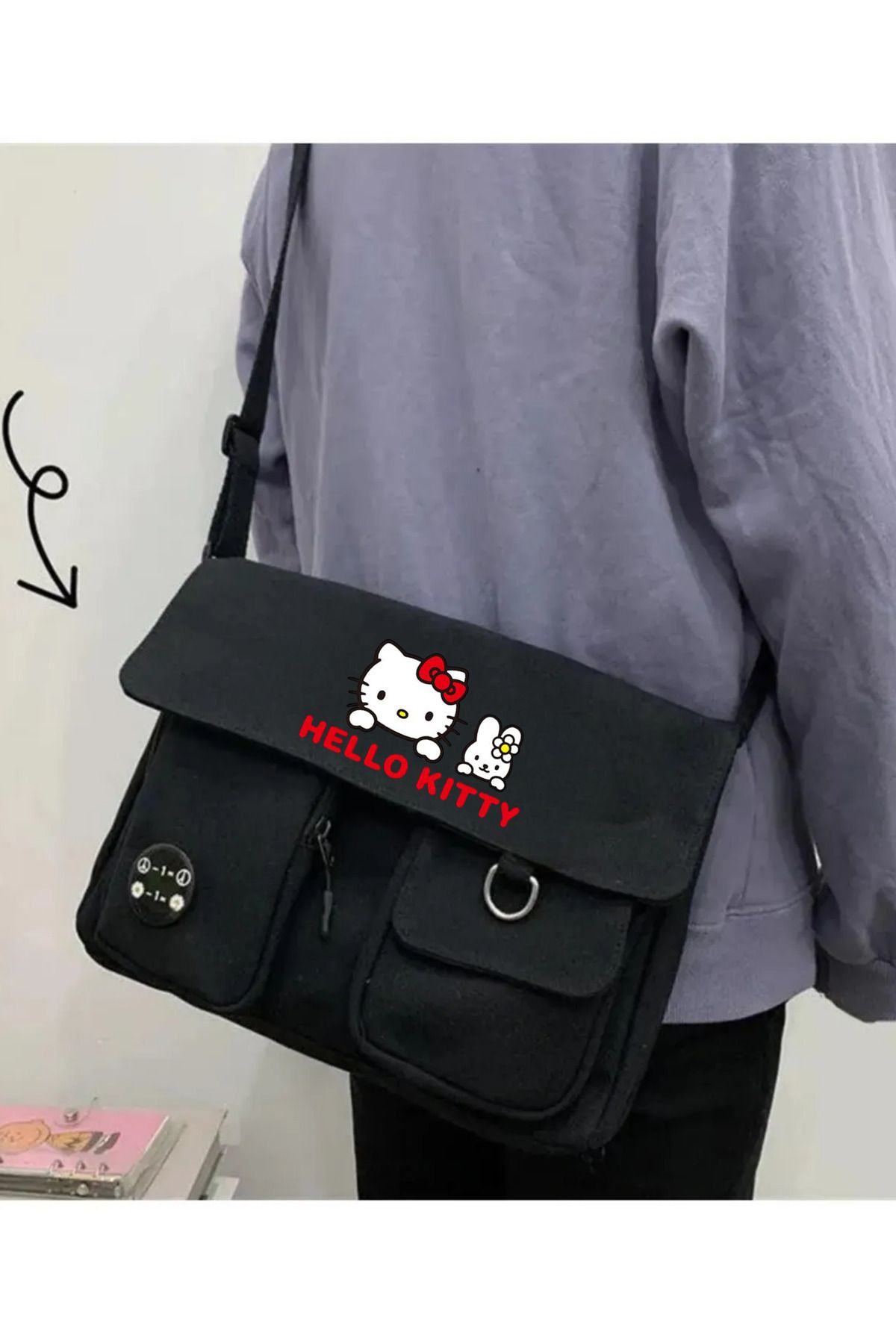 Toum Kity Harajuku Unisex Cepli Unisex Siyah Postacı Çantası