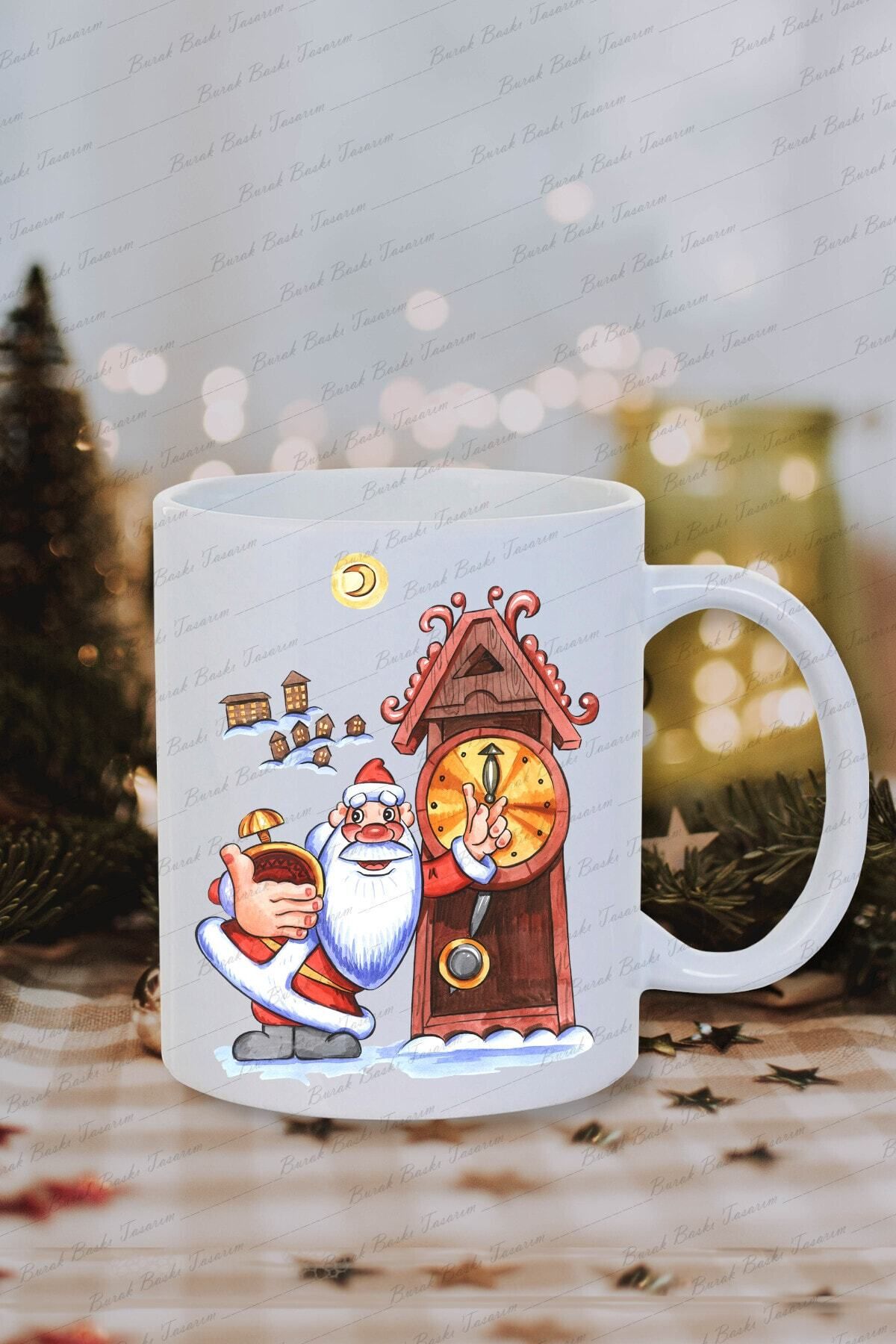 DEKORANLA Yılbaşı Noel Temalı Kupa Bardak, Noel Baba ve Saat Tasarımı, Sıcak İçerik Hediye