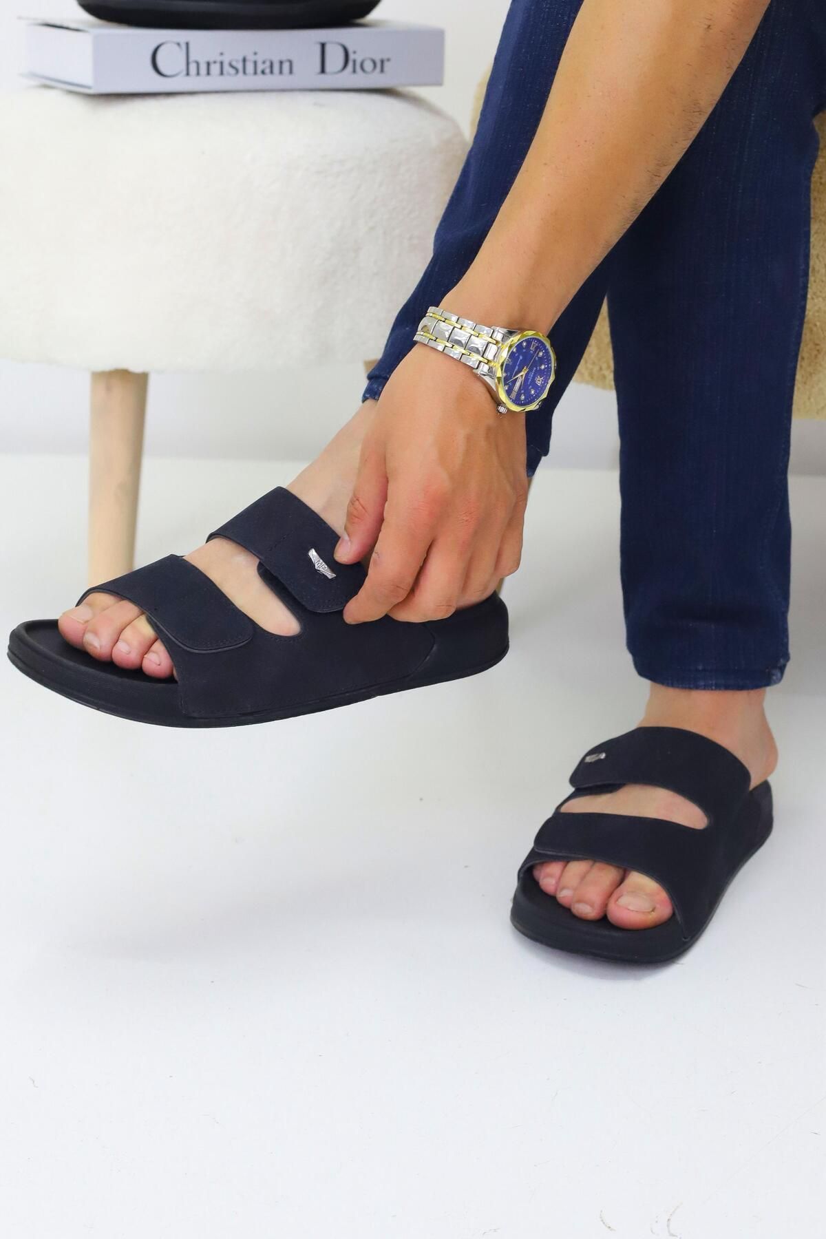 OBAY LİFE-Black Men's 2-Stripes Flat Daily Slippers Nbr2028 3