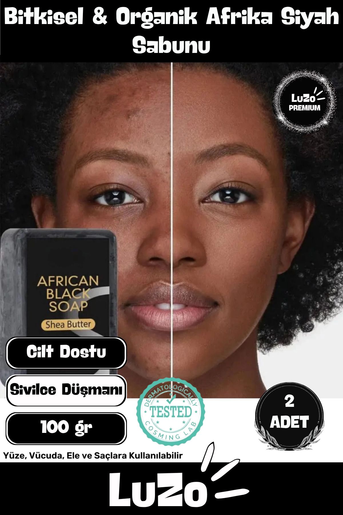 LuZo Premium Seri %100 Doğal Organik Yüz Saç Vücut Cilt Dengeleyici Kolajen Etkili Afrika Sabunu 2 Adet