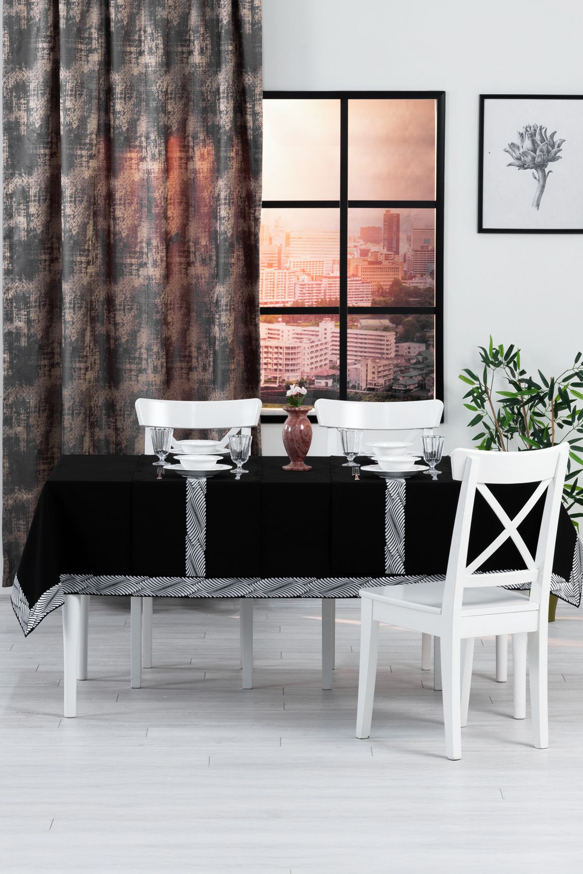 Tropikhome Alba Jakar Damla Desen Runnerlı Set Leke Tutmaz 160x260 Cm Lüks Masa Örtüsü 2 Runnerlı Set Siyah