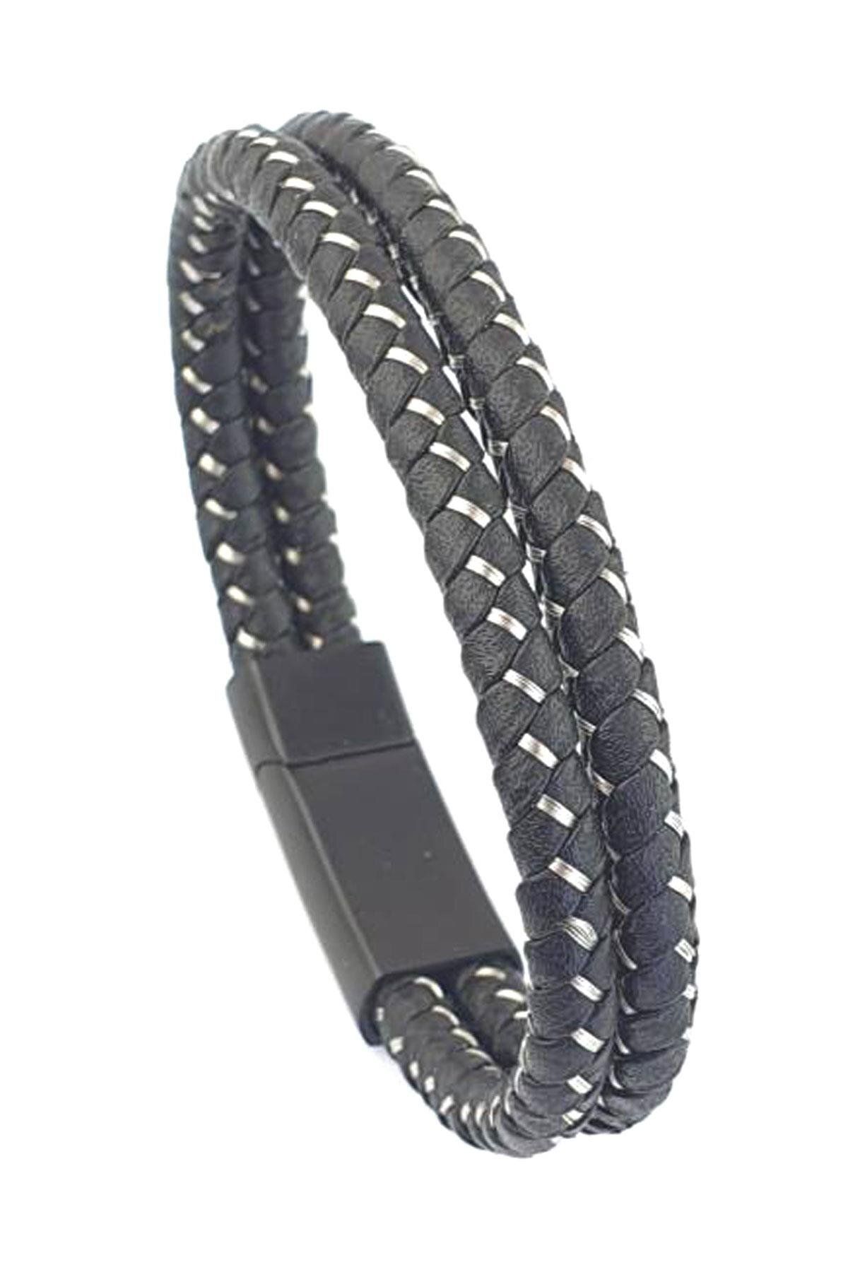 OSESHOP Çelik Detaylı Siyah Rodajli Deri Erkek Bileklik